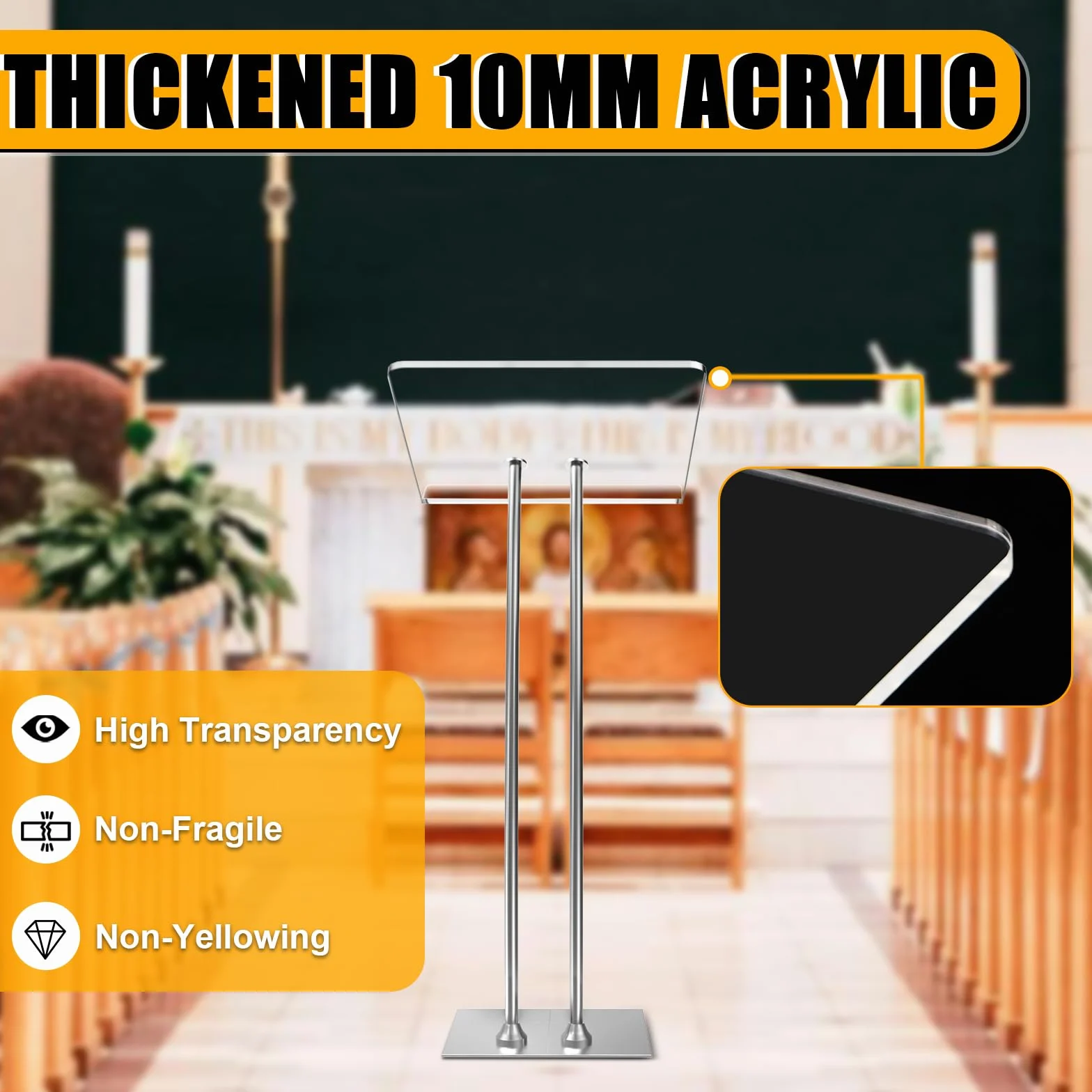 Podio in acrilico con fondo stabile in ferro, pulpiti per chiese con piano di lavoro in acrilico spesso 10 mm, pulpito multifunzione per aule moderne di musica, concerti, matrimoni, conferenze, eventi