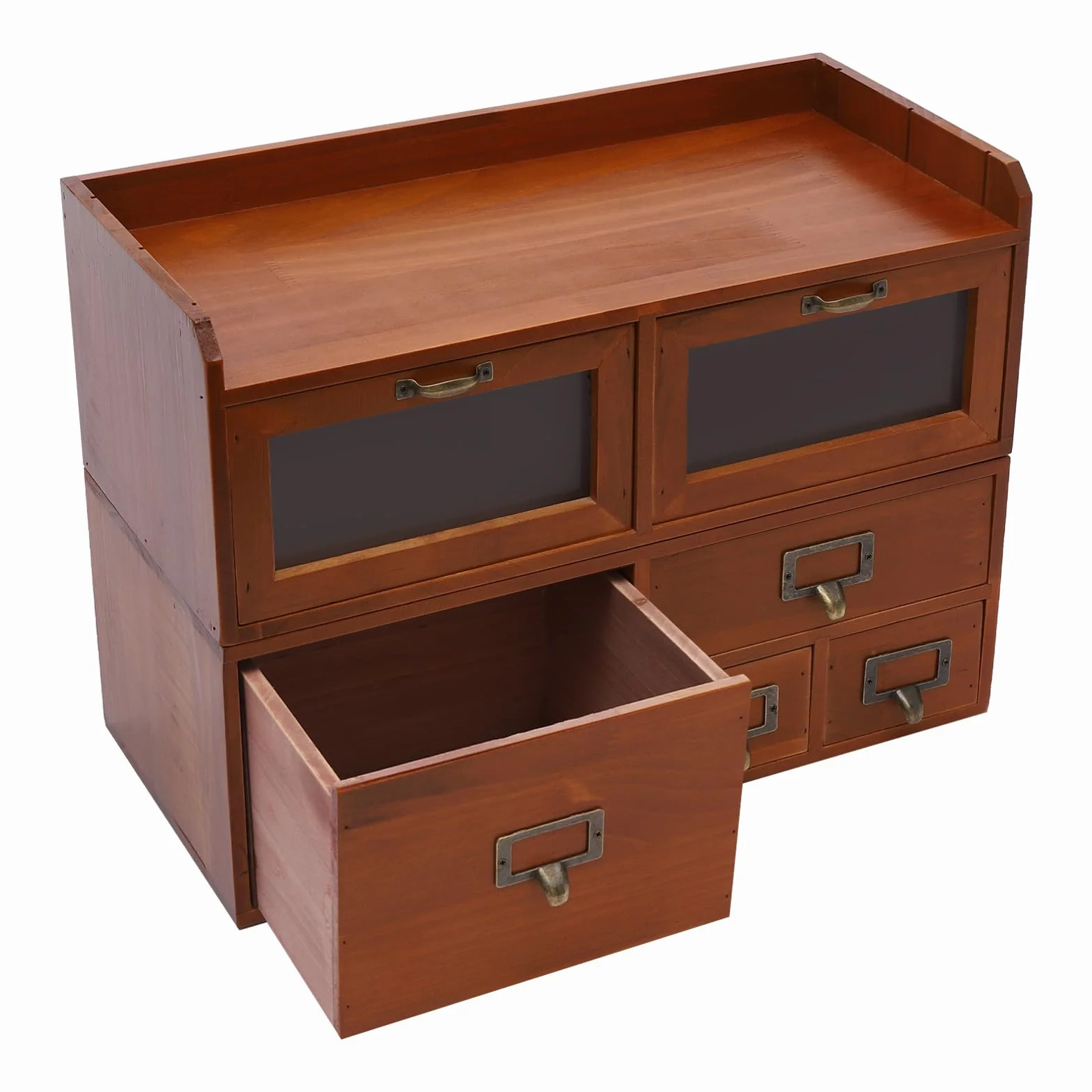 Organizer da scrivania a 6 cassetti, in legno di pino, 47 x 22 x 32 cm, marrone | Cassettiera vintage in acrilico trasparente, per cancelleria, cosmetici, gioielli e piccoli oggetti di uso quotidiano