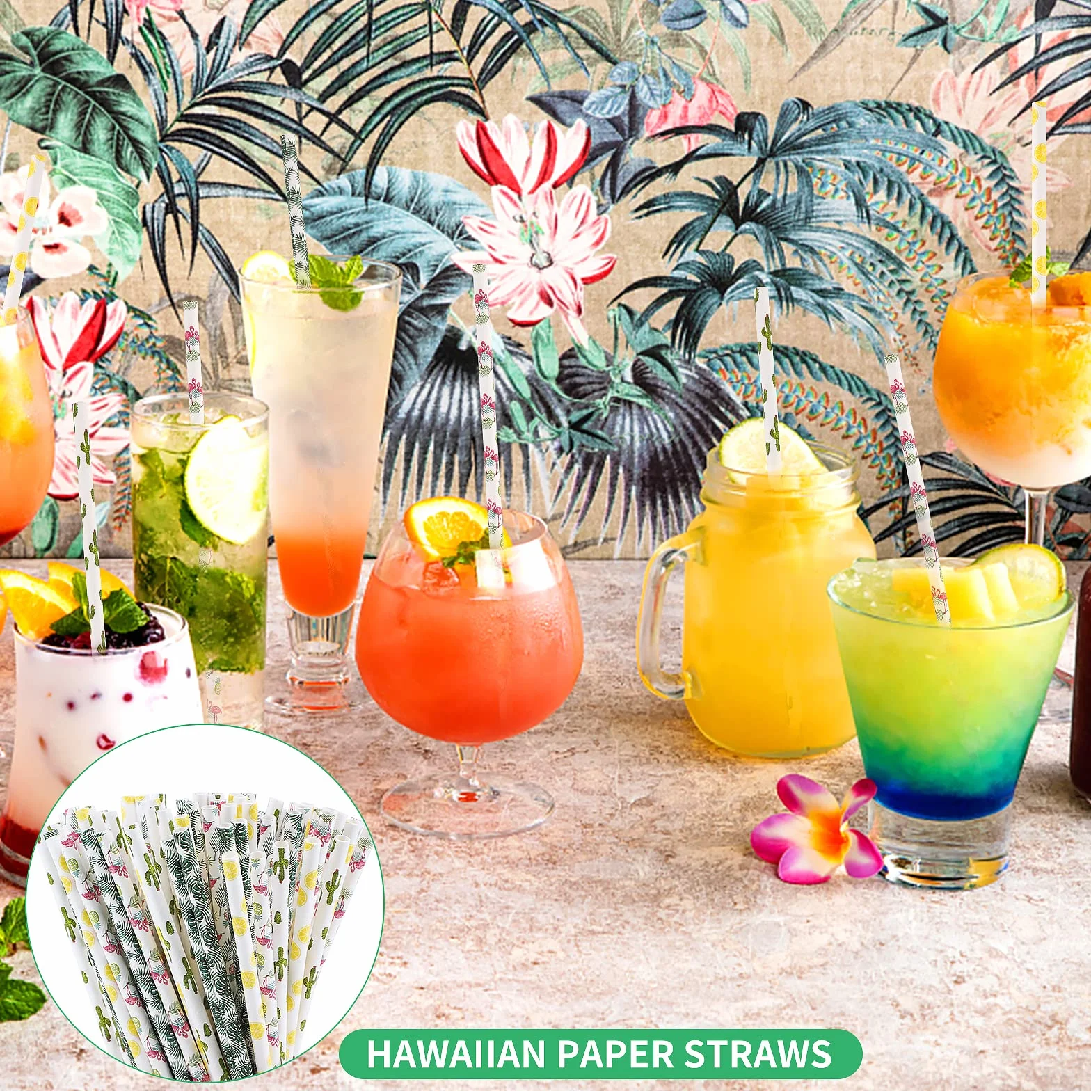 200 cannucce di carta hawaiane biodegradabili, riciclabili, per feste estive, fenicottero, cactus, succo, cocktail, cannucce per compleanno, matrimonio, accessori per feste di aloha