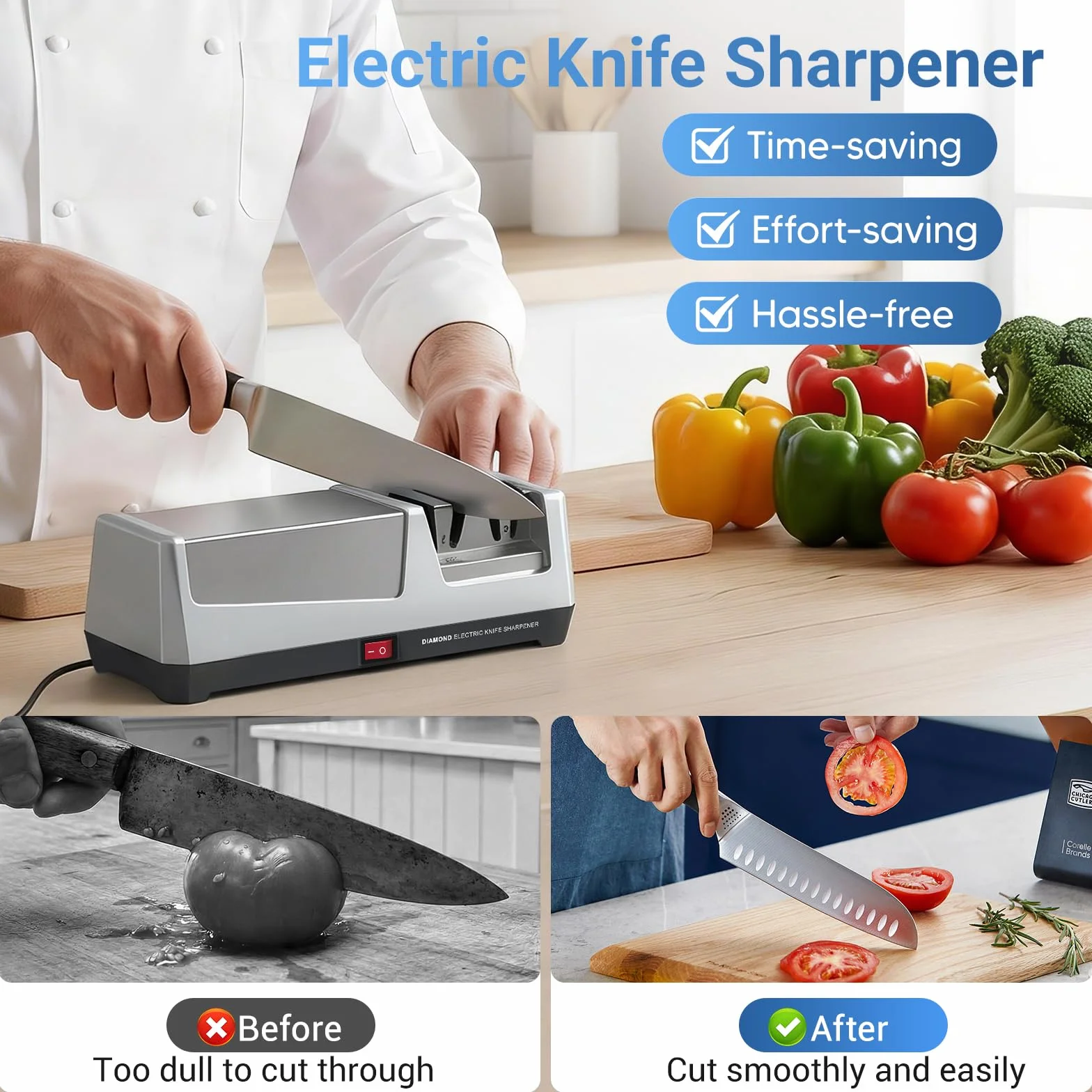 Affilacoltelli Elettrico Professionale 2 Livelli Dischi Diamantati Affilatura Rapida Coltelli da Cucina