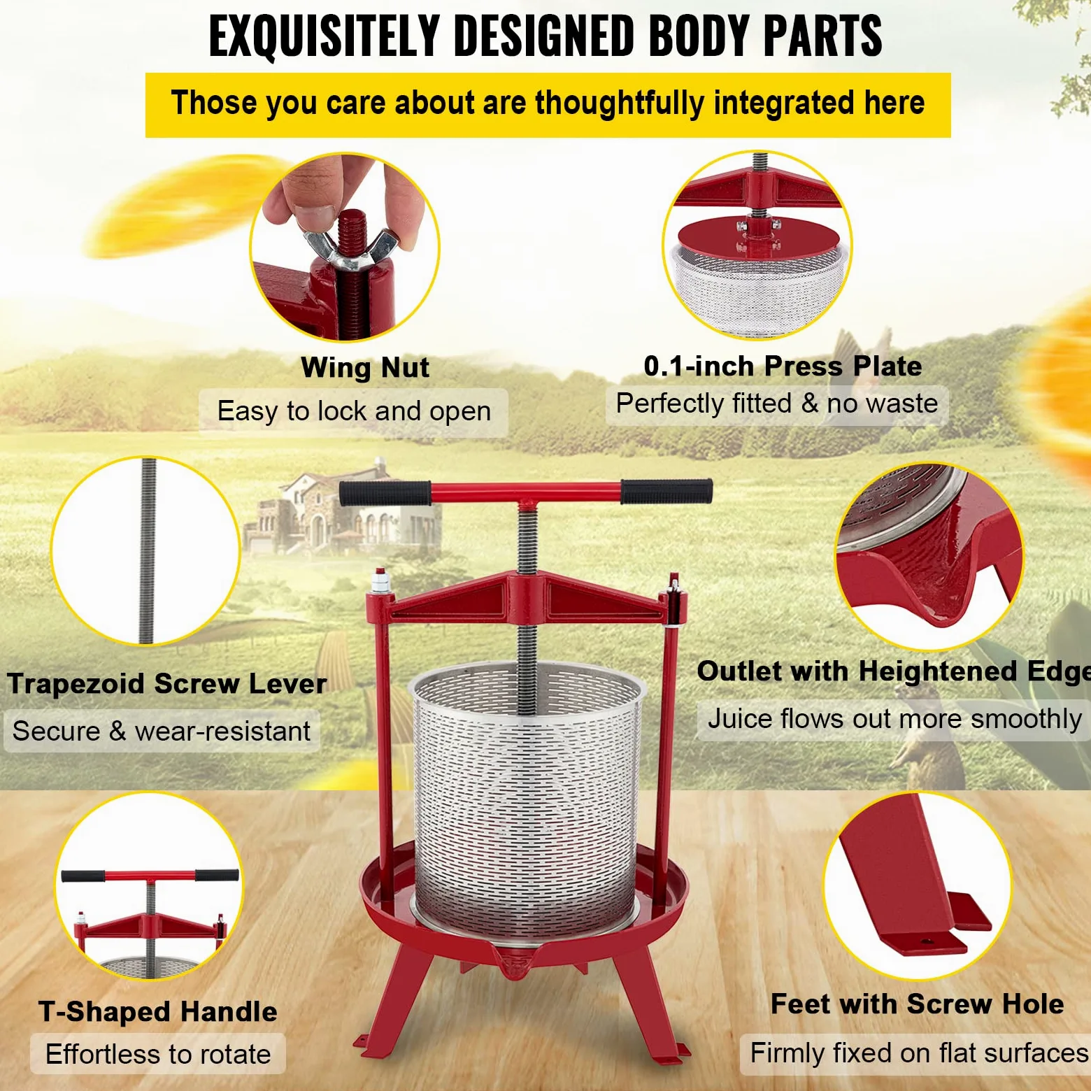 VEVOR Pressa Manuale per Vino di Frutta Cesto in Acciaio Inox 5L con Manico, Spremiagrumi Manuale per Bevande Alcoliche Pressa per Sidro, Mela, Uva, Tintura, Miele, Olio d'Oliva Cucina, Casa