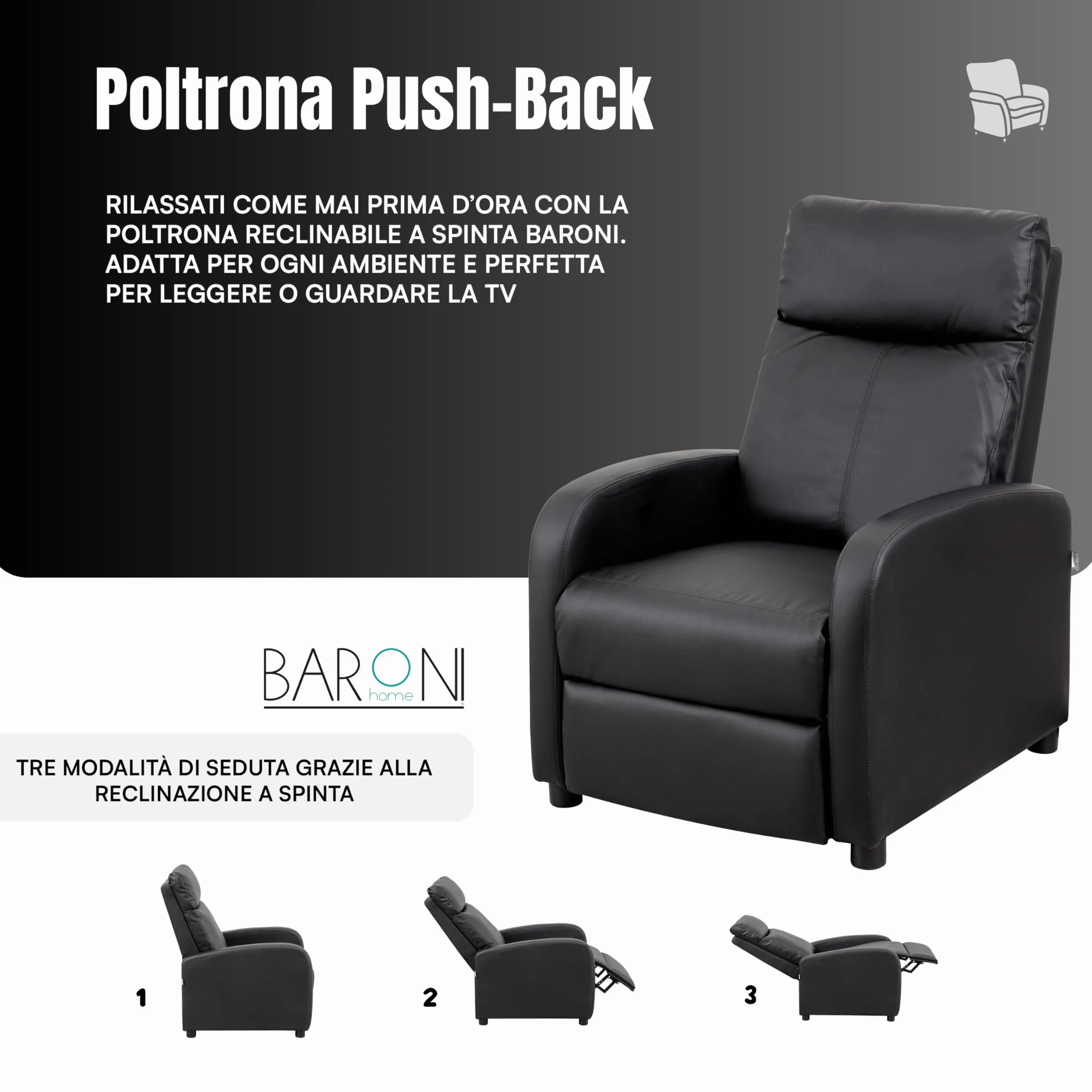 Baroni Home Poltrona Reclinabile in Soft Foam, con Recliner a Spinta, Poggiapiedi, Piedini Antiscivolo, Poltrona Relax Push-Back, Facile da Montare, Comoda, Nero, 66x75x99 cm