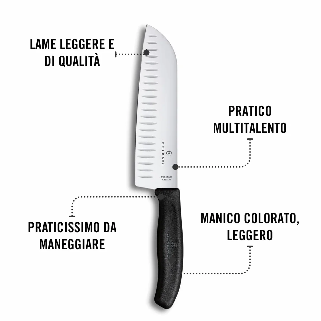 Victorinox Swiss Classic Coltello Santoku, Coltello in stile asiatico, Lama extra-affilata, Forma a bulbo, 17 cm, Acciaio inossidabile, Nero