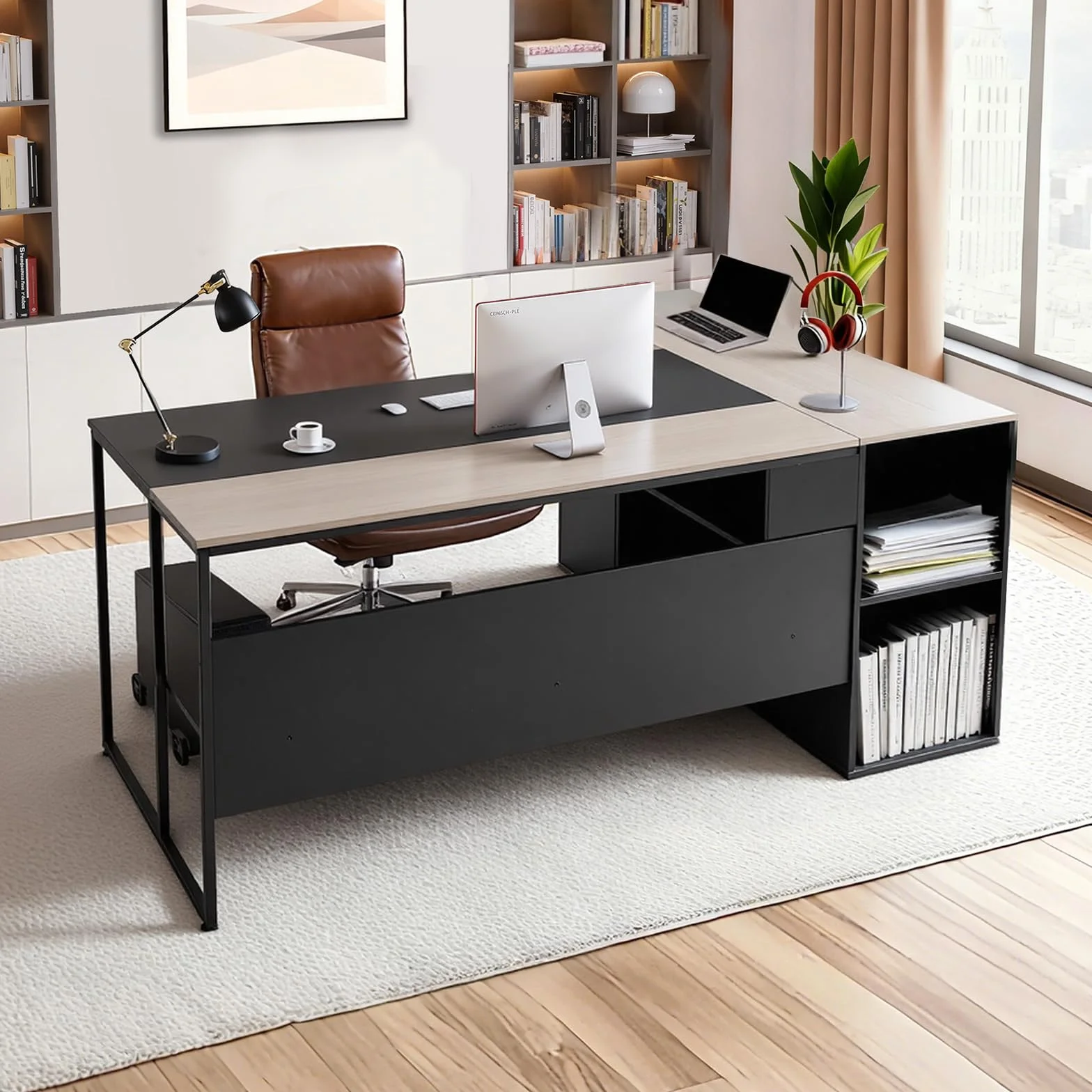 VEVOR Scrivania Direzionale a L, Ampia Scrivania in Legno Moderna per Ufficio con Cassetti, Mobiletto Portaoggetti e Supporto per CPU, Capacità di Carico di 158,7 kg, per Computer per Lavoro, Studio