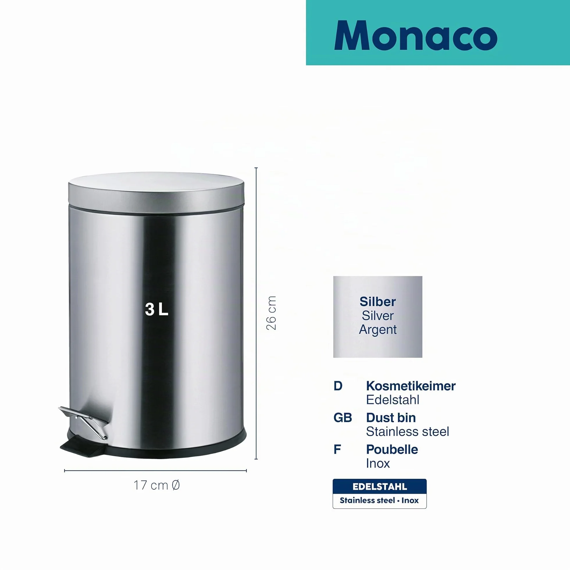 Kela Cestino per Cosmetici 3 l, Cestino a Pedale Monaco, Acciaio Inossidabile, Secchio Interno, Manici Trasporto, Opaco