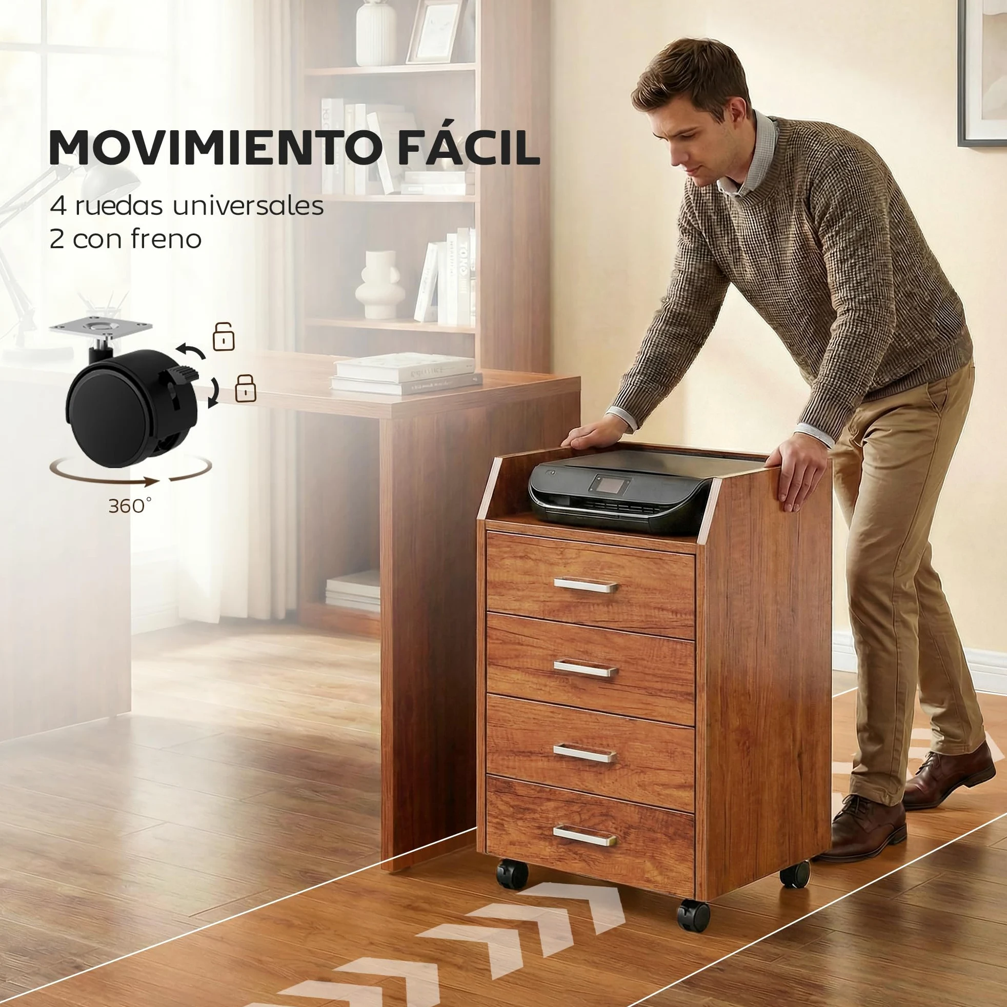 Vinsetto Cassettiera da scrivania con ruote, cassettiera da ufficio con 4 cassetti, schedario mobile per studio, salotto, da posizionare sotto la scrivania, 40x36x65 cm, marrone