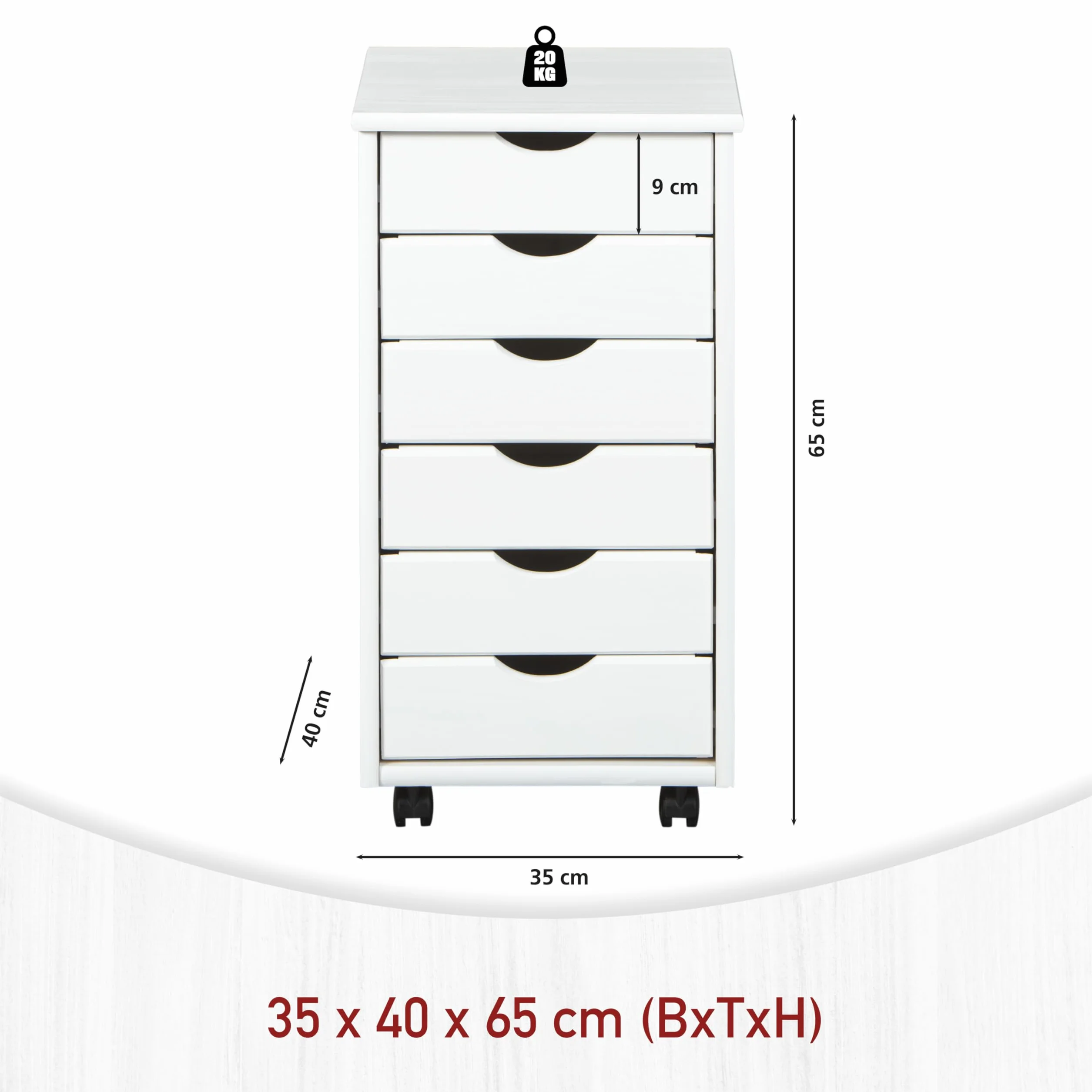 Piedistallo mobile con 6 cassetti Legno di pino massiccio Laccato bianco 35 x 40 x 65 cm Simon