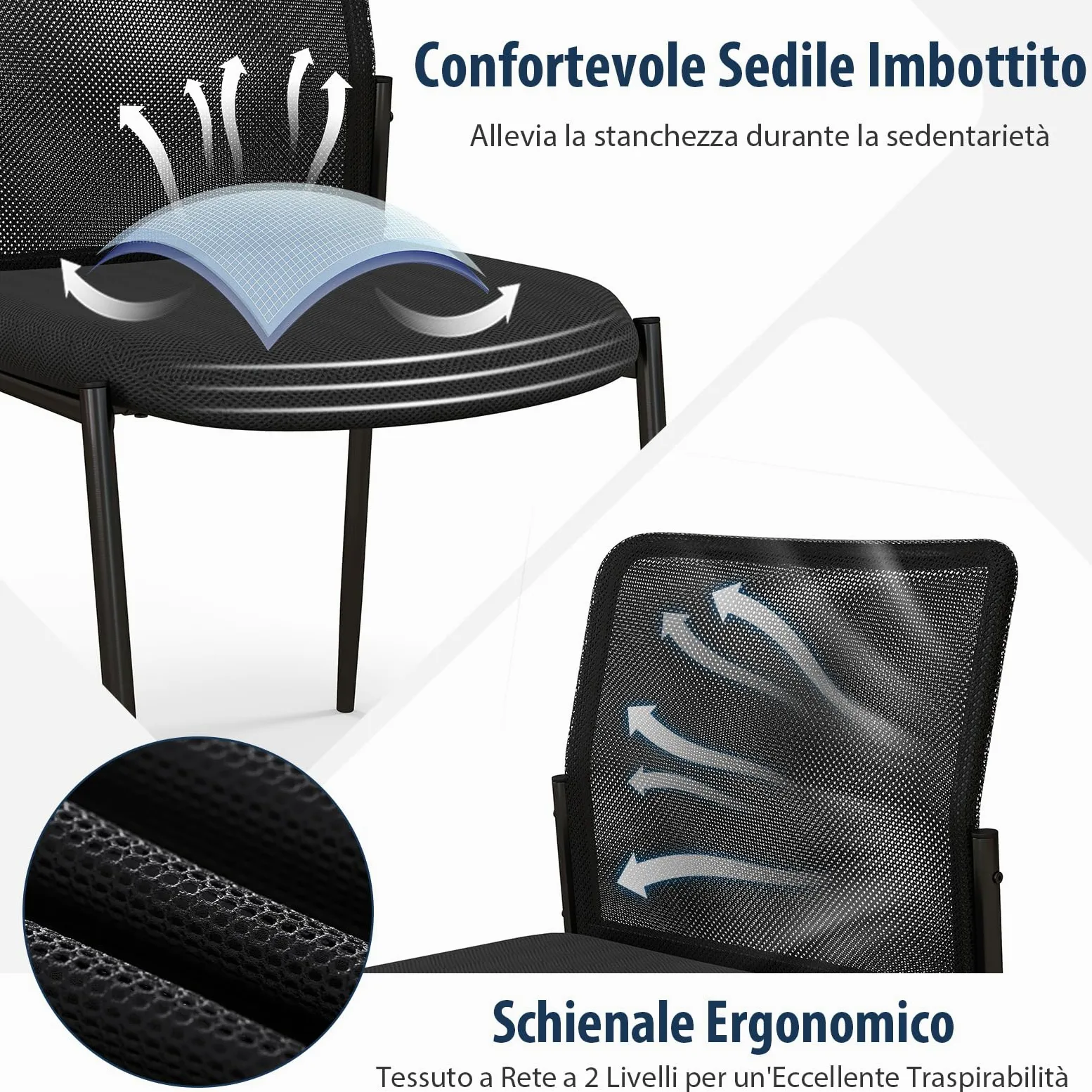 COSTWAY Set di 2 Sedie da Conferenza, Sedia da Ufficio con Schienale Ergonomico in Rete, Seduta Imbottita, Sedie per Sala d'Attesa, Ufficio, Portata 150 kg, 63 x 52 x 84 cm