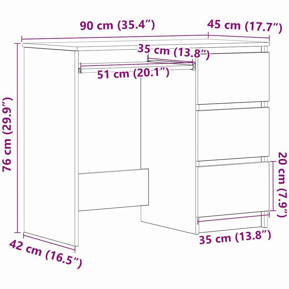 Scrivania in legno di quercia affumicata, 90 x 45 x 76 cm, con 3 cassetti, scrivania da ufficio per computer, scrivania per ufficio, postazione di lavoro, spazio per raccoglitori e documenti