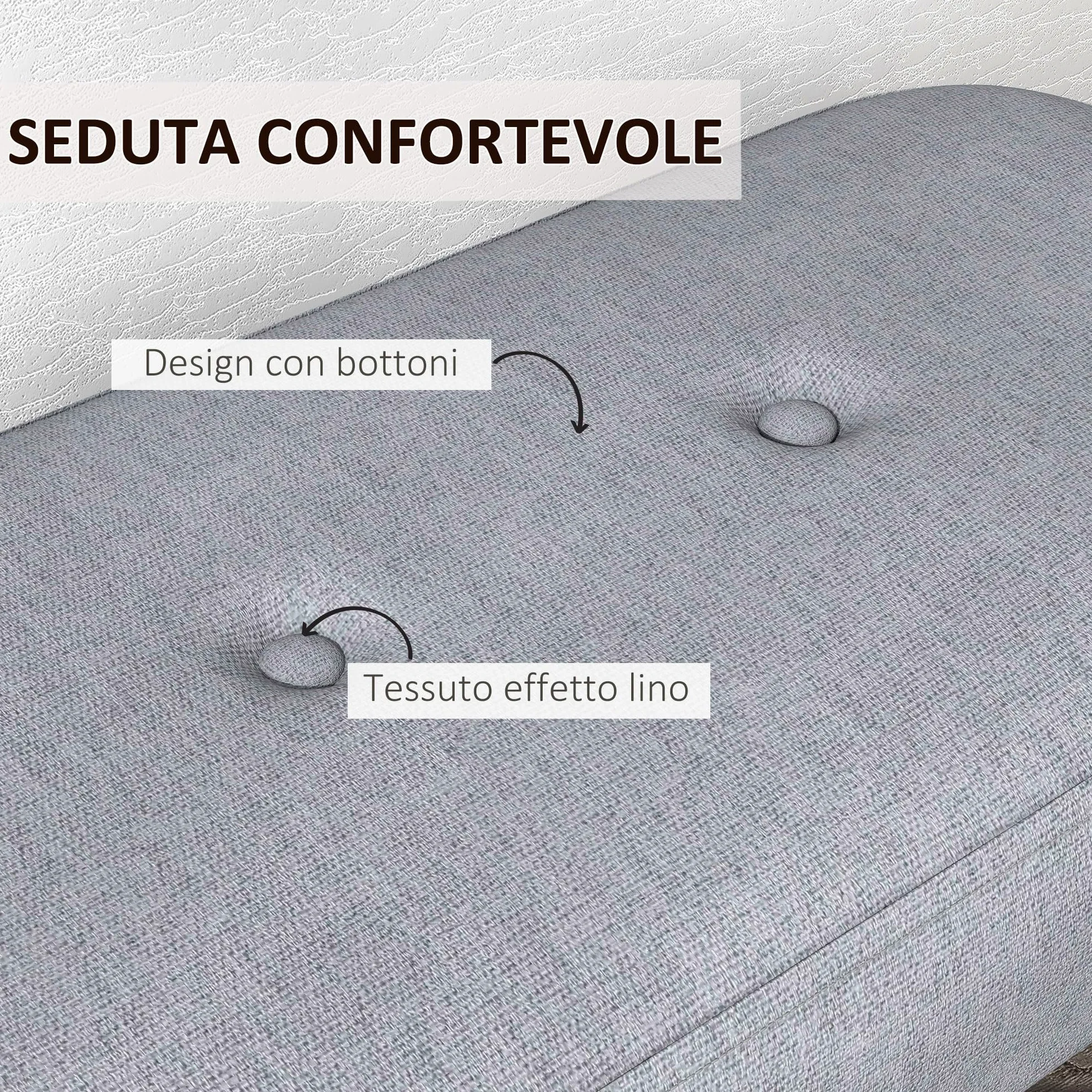 HOMCOM Panca Imbottita Fondo Letto in Tessuto con Gambe in Acciaio Effetto Legno, Panca per Ingresso, Salotto e Camera, 114x38x45cm, Grigio