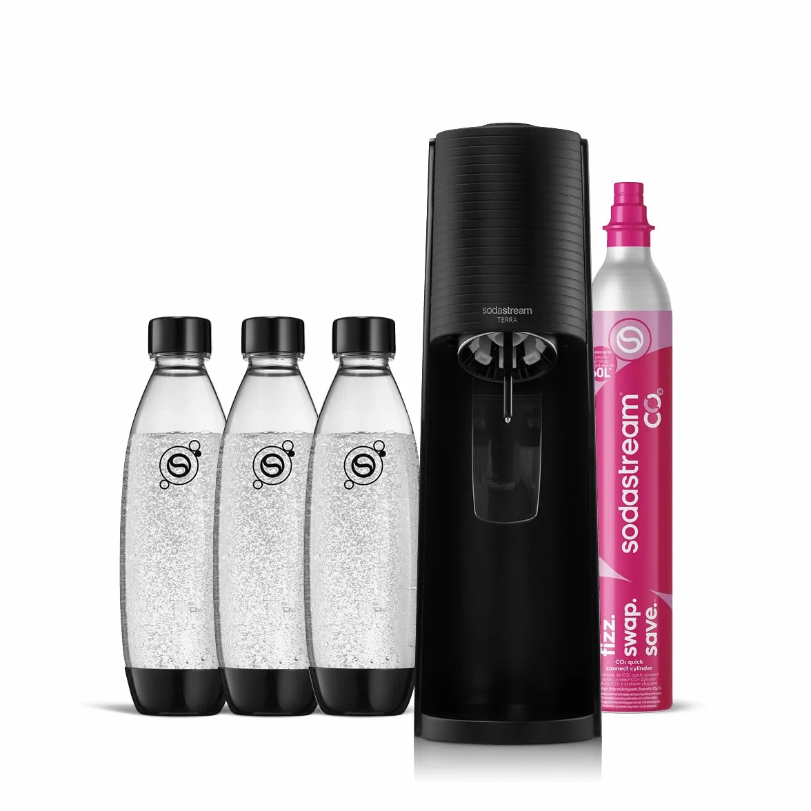SodaStream Gasatore d’acqua Terra Nero, cilindro CO2, 60 L, 3 bottiglie 1 L