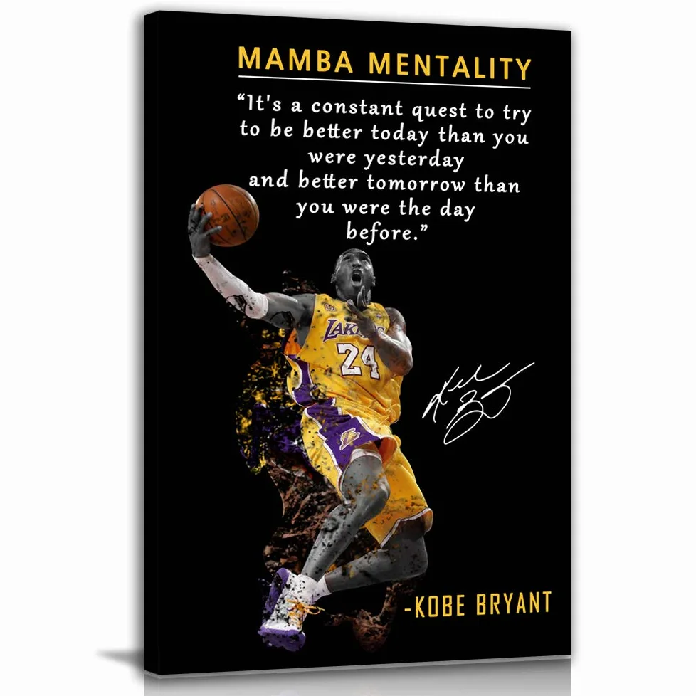 Poster motivazionale di Kobe Bryant • Mamba Mentality Citazione artistica da parete su tela • Pallacanestro Sport Home Decor • Opere motivazionali per casa, ufficio, palestra, decorazione da parete