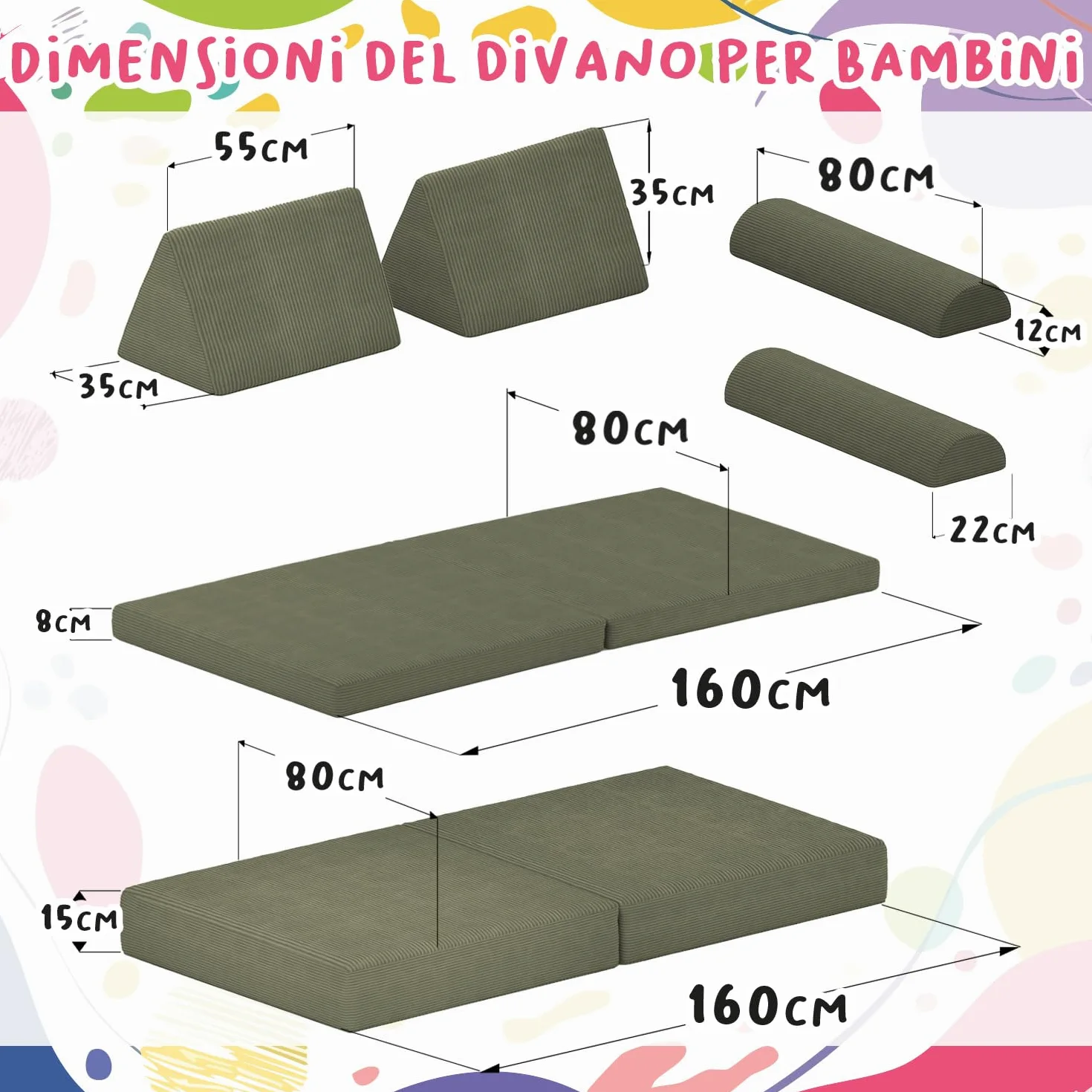 POKAR Divano Modulare per Bambini in Velluto Corduroy | Divano Bambini Trasformabile in Schiuma | Divano da Gioco per Cameretta Bambini | Certificato Oeko-TEX 100 | Laguna Azzurra