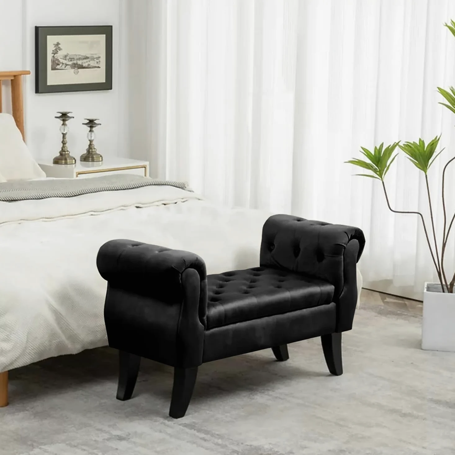 IlGruppone Divanetto in Velluto Panca Contenitore Pouf PortaOggetti Panca Sgabello A Pie di Letto Cassapanca Ingresso Legno Massello Panchina - Nero