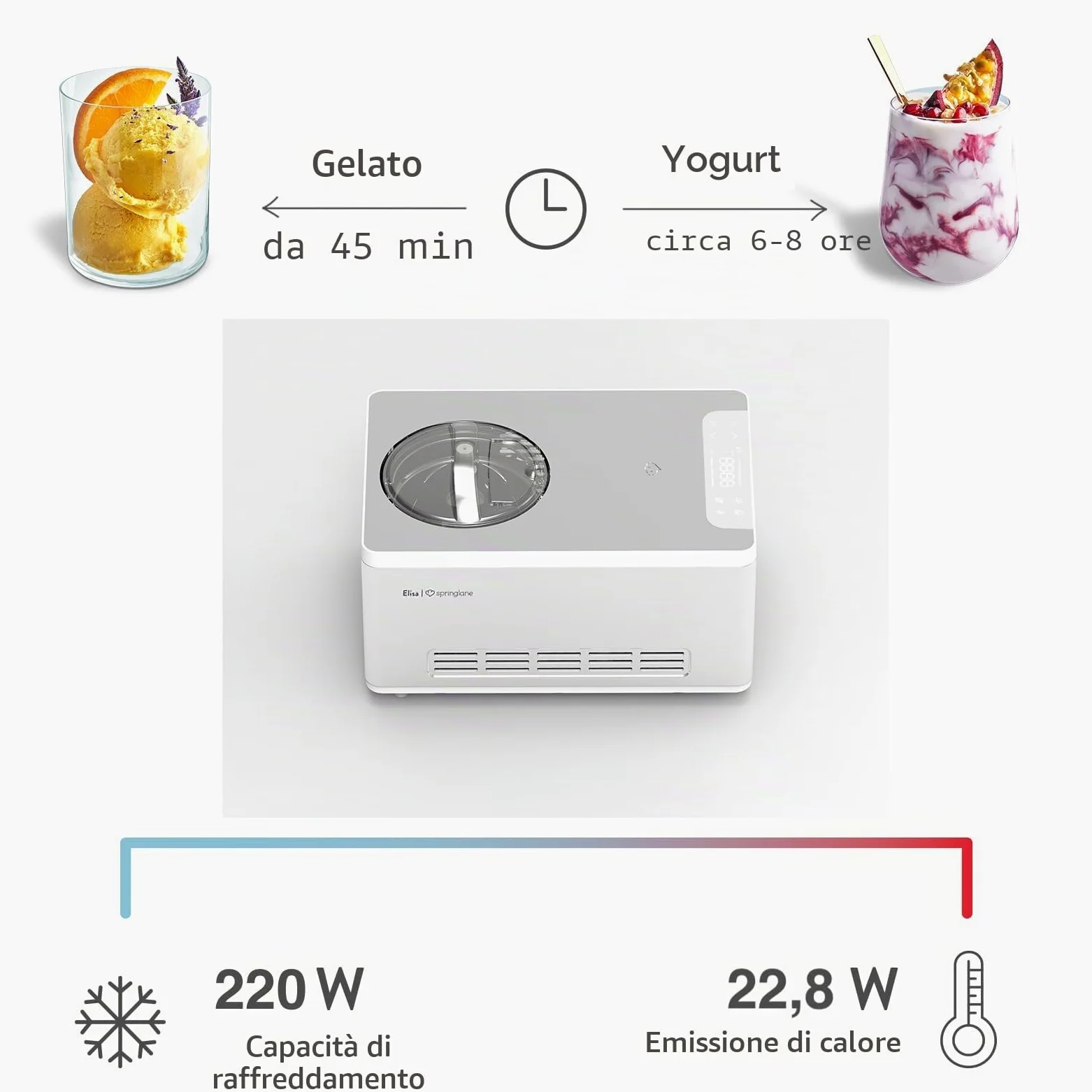SPRINGLANE Gelatiera e yogurtiera Elisa con compressore autoraffreddante (Argento/Contenitore bianco, 180W)