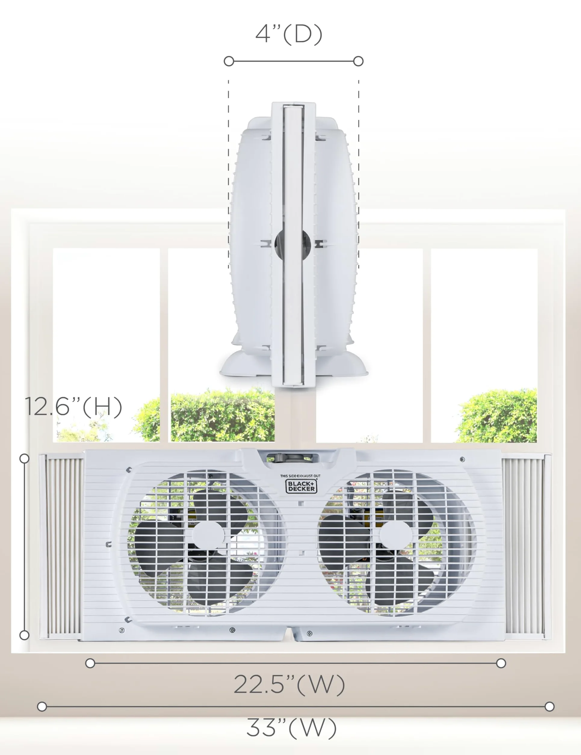 BLACK+DECKER Ventola doppia finestra da 9 pollici per finestra con 2 impostazioni di velocità, ventilatore a doppia finestra con comandi meccanici e gambe rimovibili, ventilatore