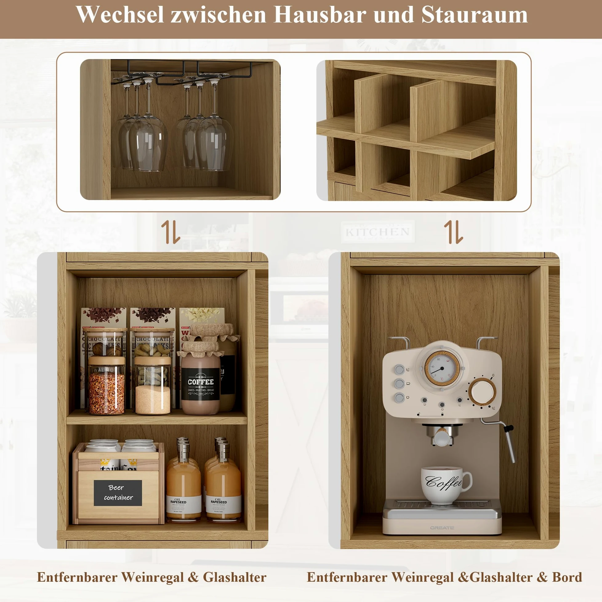 HOCSOK Credenza Cucina, Alta Dispensa Cucina con 6 Armadietti, Rimovibile Portabottiglie da parete con porta calici, Microonde con Ripiani Aperti, mobile soggiorno, Bianco (Marrone)