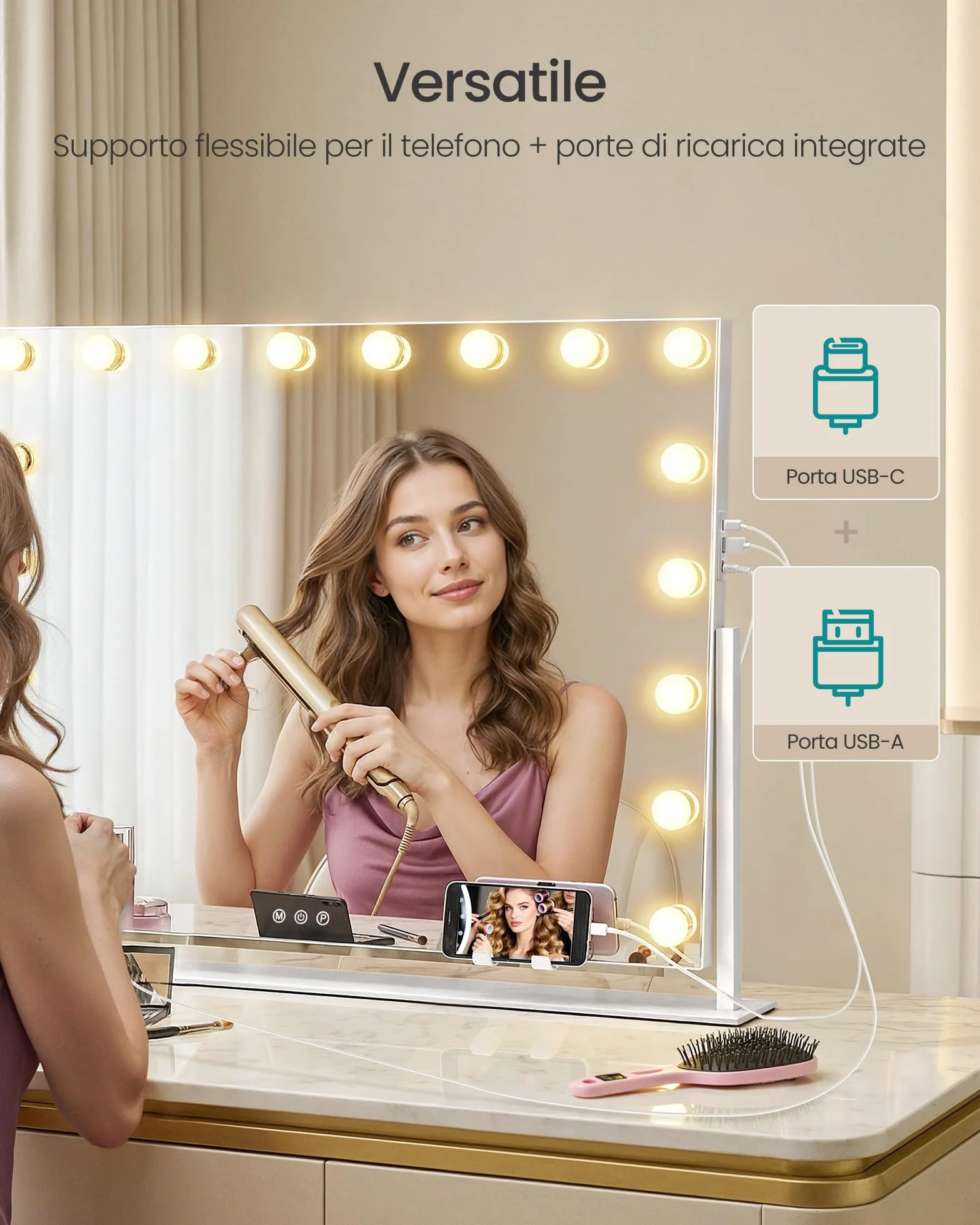 SONGMICS Specchio Trucco Luci 18 LED Dimmerabili 3 Temperature Colore 80x60 cm Bianco Opaco