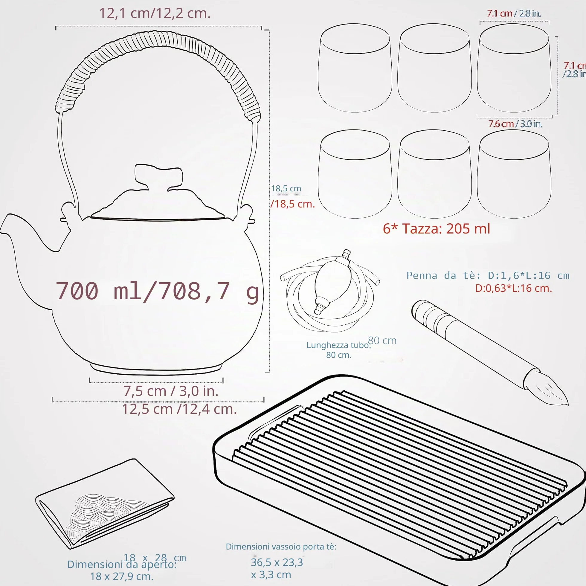 Set da tè giapponese portatile in porcellana grigio carbone 1 teiera 700 ml 4 tazze 205 ml
