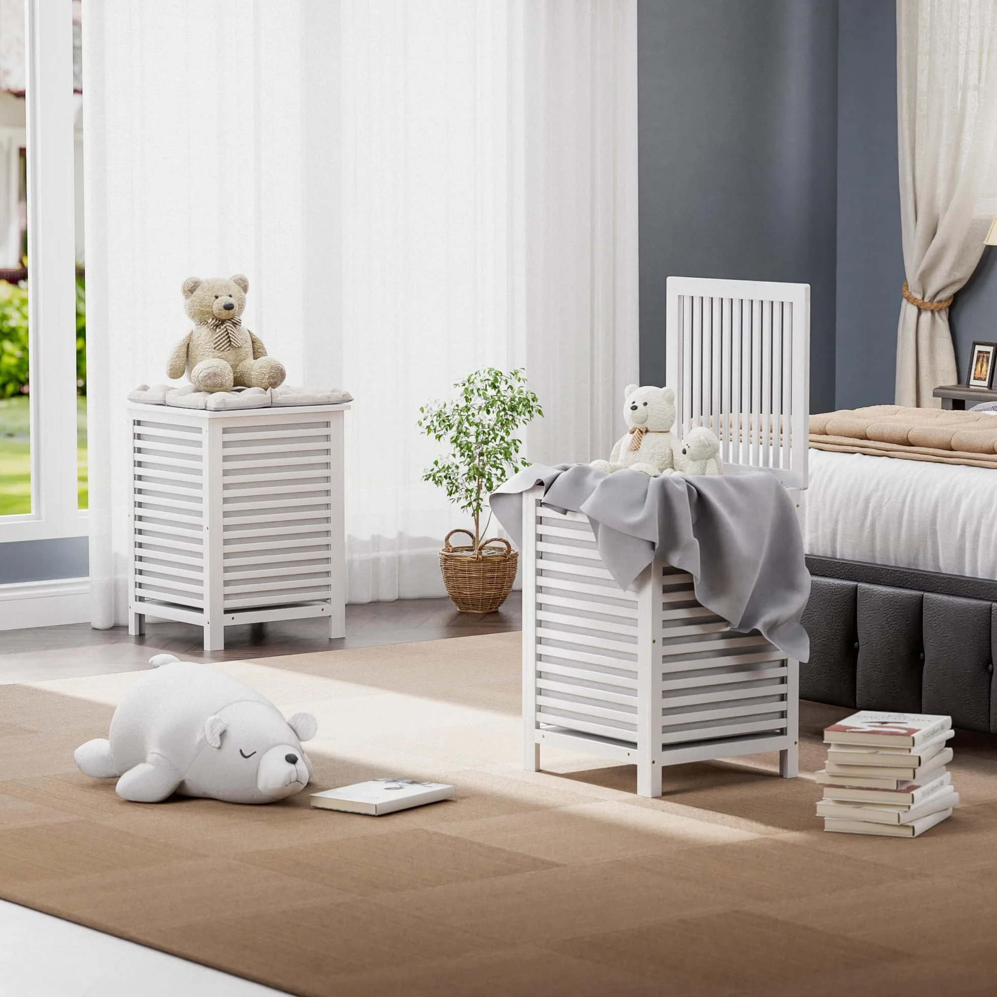 SMIBUY doppio cesto per biancheria con coperchio, cesto per biancheria in bambù da 120 litri con sacchetto di fodera rimovibile per lavanderia, bagno, camera da letto (bianco)
