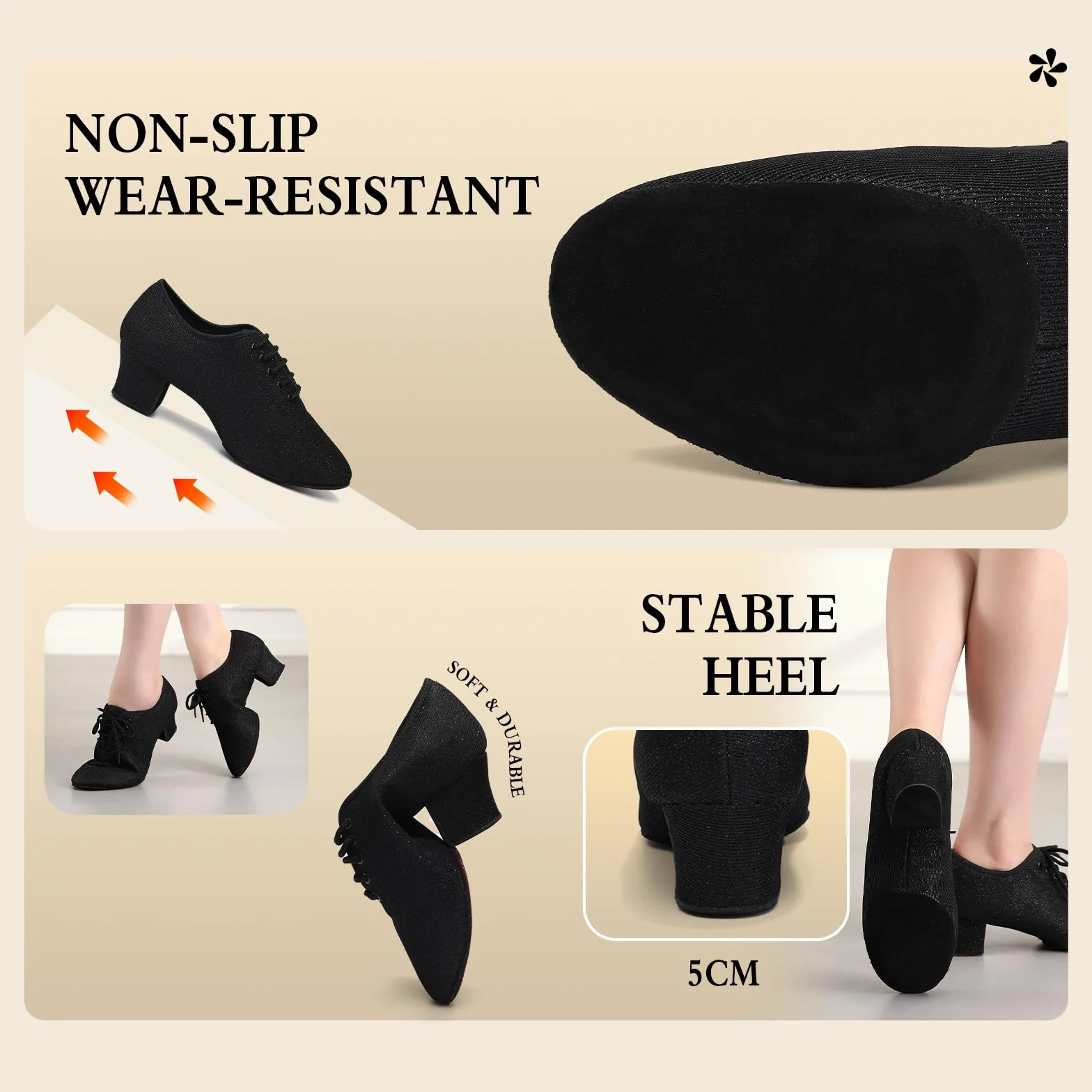 Scarpe da Ballo Latino da Donna a Punta Chiusa Nere con Lacci Salsa Tango Pratica Scarpe da Allenamento Tacco 5cm