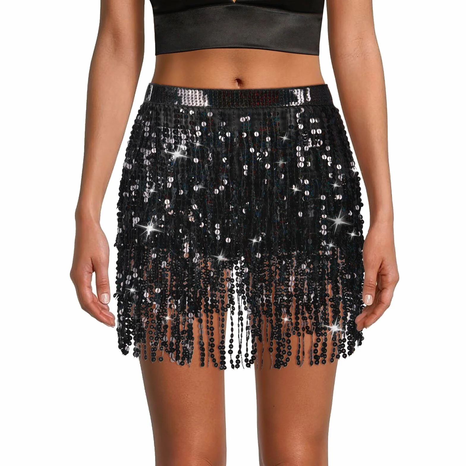 OFFCUP Falda de Danza del Vientre para Mujer, Falda Flecos Mujer Falda Carnaval, Falda con Borlas de Lentejuelas para, Vestido con Falda de Flecos Rave