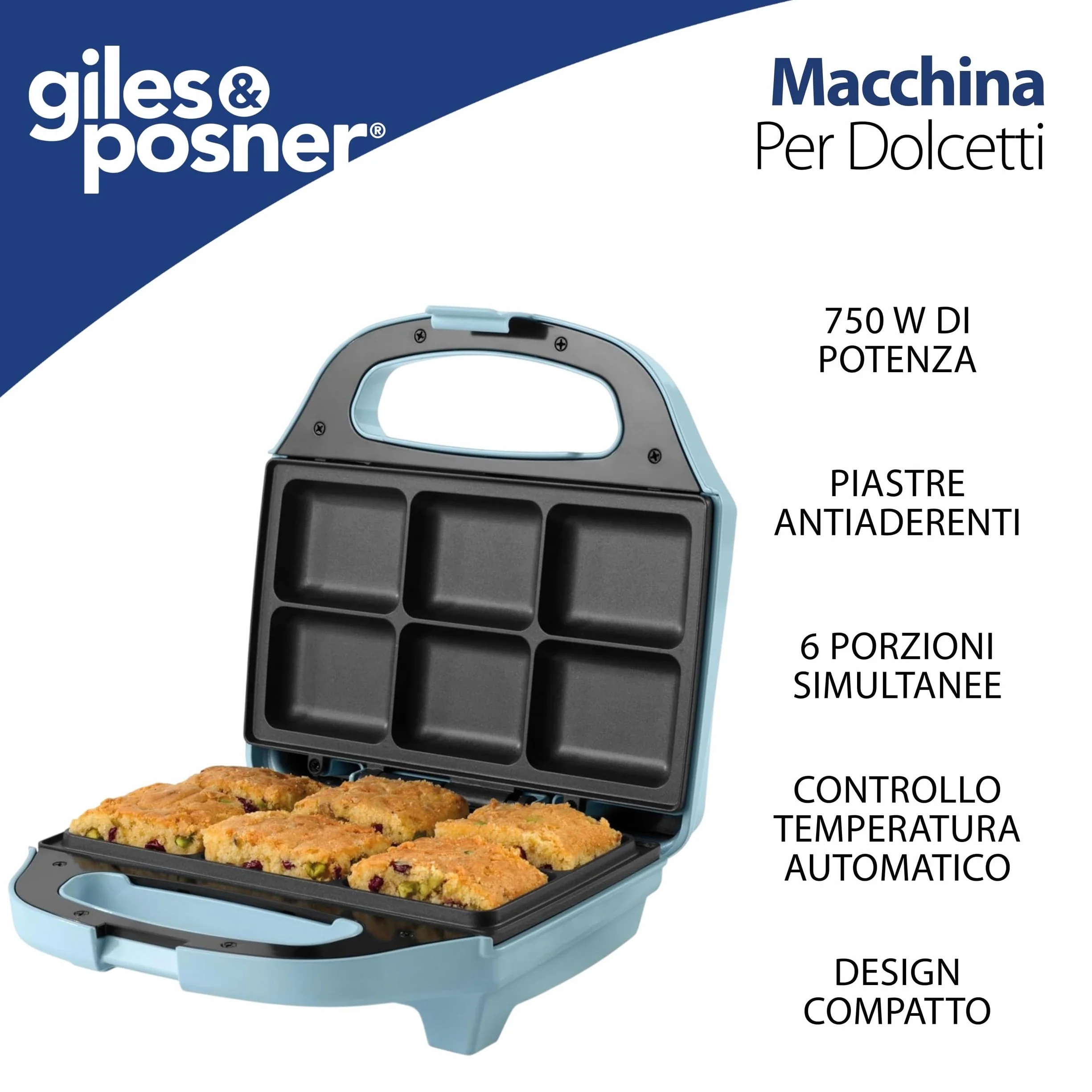Giles & Posner Macchina per torte – Brownies, Fette di Torta, Flapjack, Piastre Antiaderenti, Facile da Pulire, Compatto, Cottura per Bambini, Controllo Automatico della Temperatura, 750W, Blu