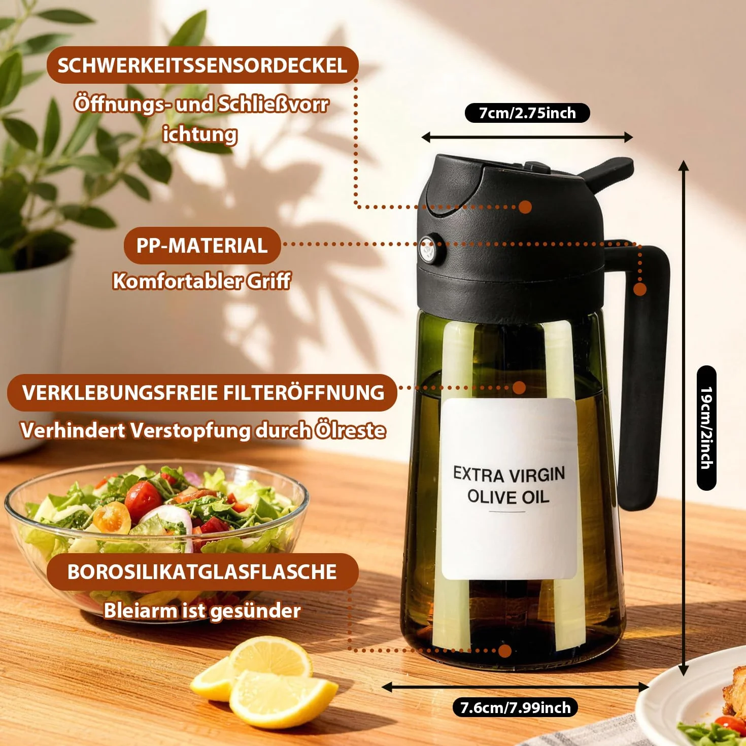 Spruzzatore d'Olio in Vetro 16oz 470ml 2-in-1 Dispensatore d'Olio d'Oliva per Cucina Friggitrici ad Aria Insalate Frittura Grigliate Cottura al Forno Verde