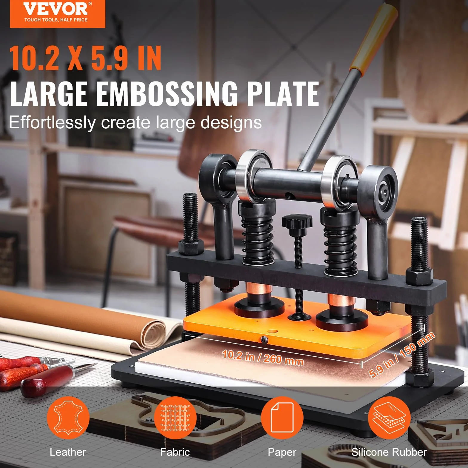 VEVOR Macchina per Goffratura Pelle Cuoio 260x150 mm Capacità 1,5 T, Fustellatrice Manuale Corsa Regolabile 12 mm Perforatrice Goffratura Manuale per Pelle Carta Espanso Plastica Gomma Vari Materiali