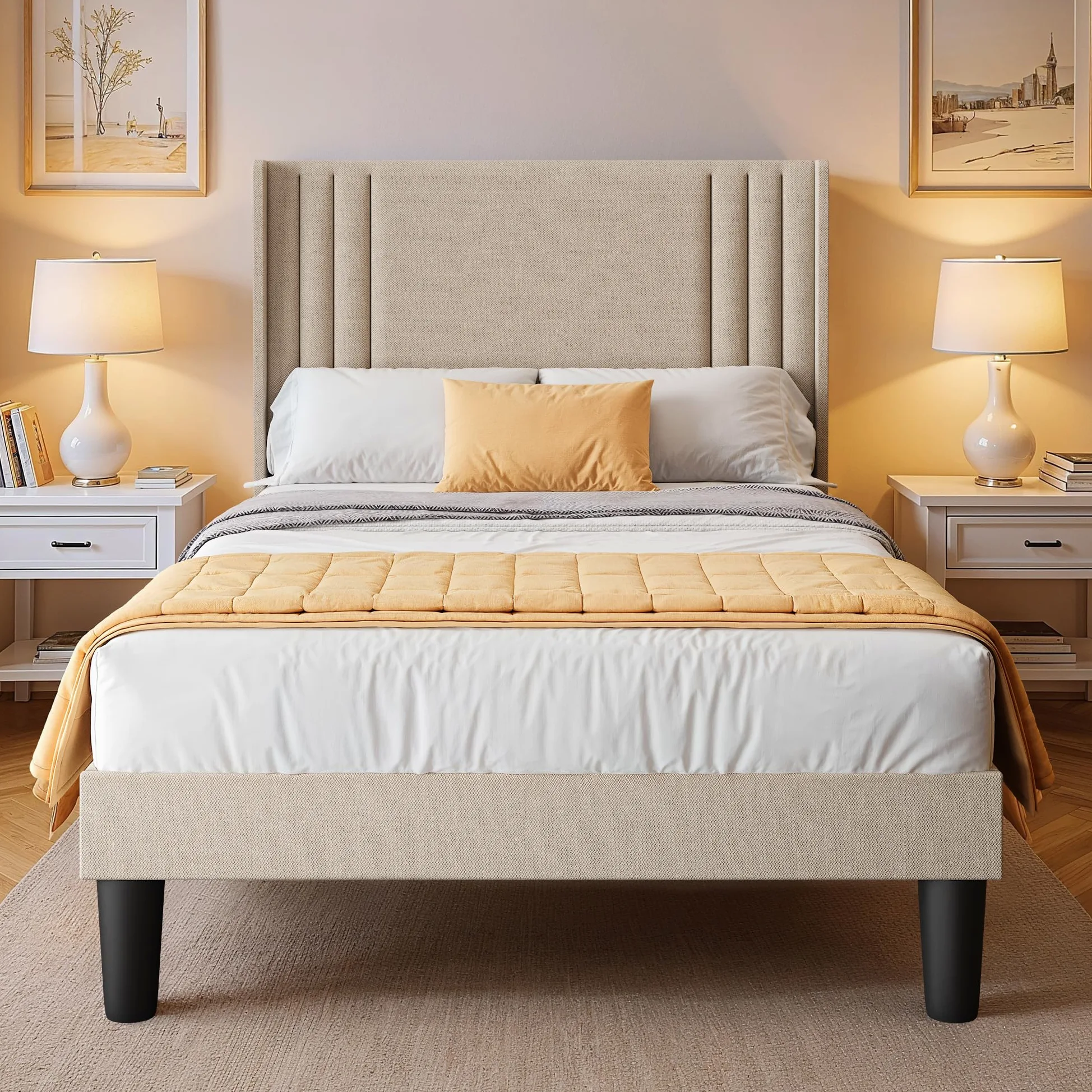 Letto imbottito 120 x 200 cm, con testiera e rete a doghe, robusto letto in tessuto per ragazzi e camere degli ospiti, struttura imbottita,Beige