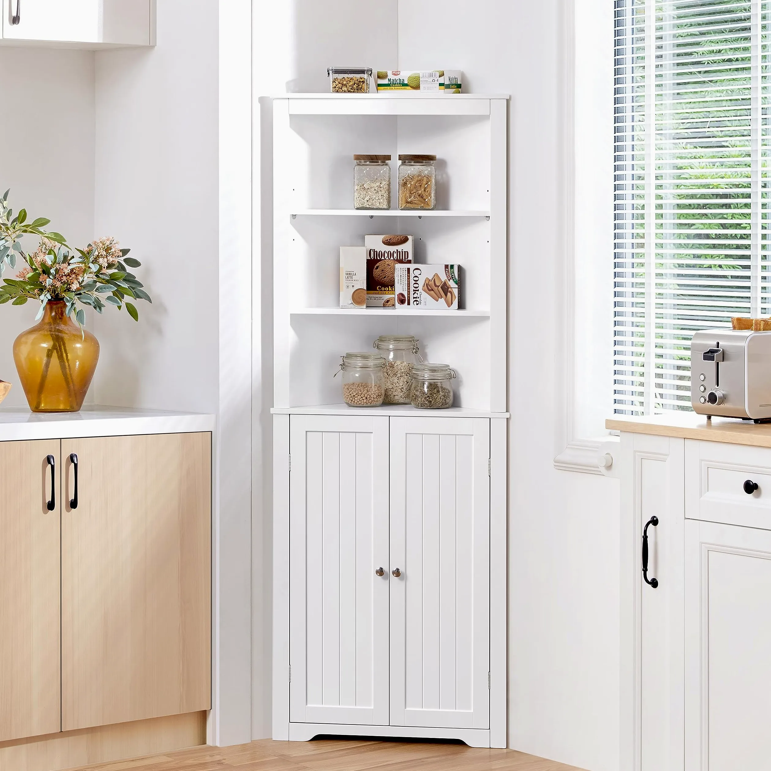 Yaheetech Mobile da Bagno Armadietto a Colonna Alto d'Angolo 163 x 60 x 43 cm Mobiletto Cucina Autoportante con 3 Ripiani Aperti in Legno Armadio Triangolo Moderno Multiuso da Terra Bianco
