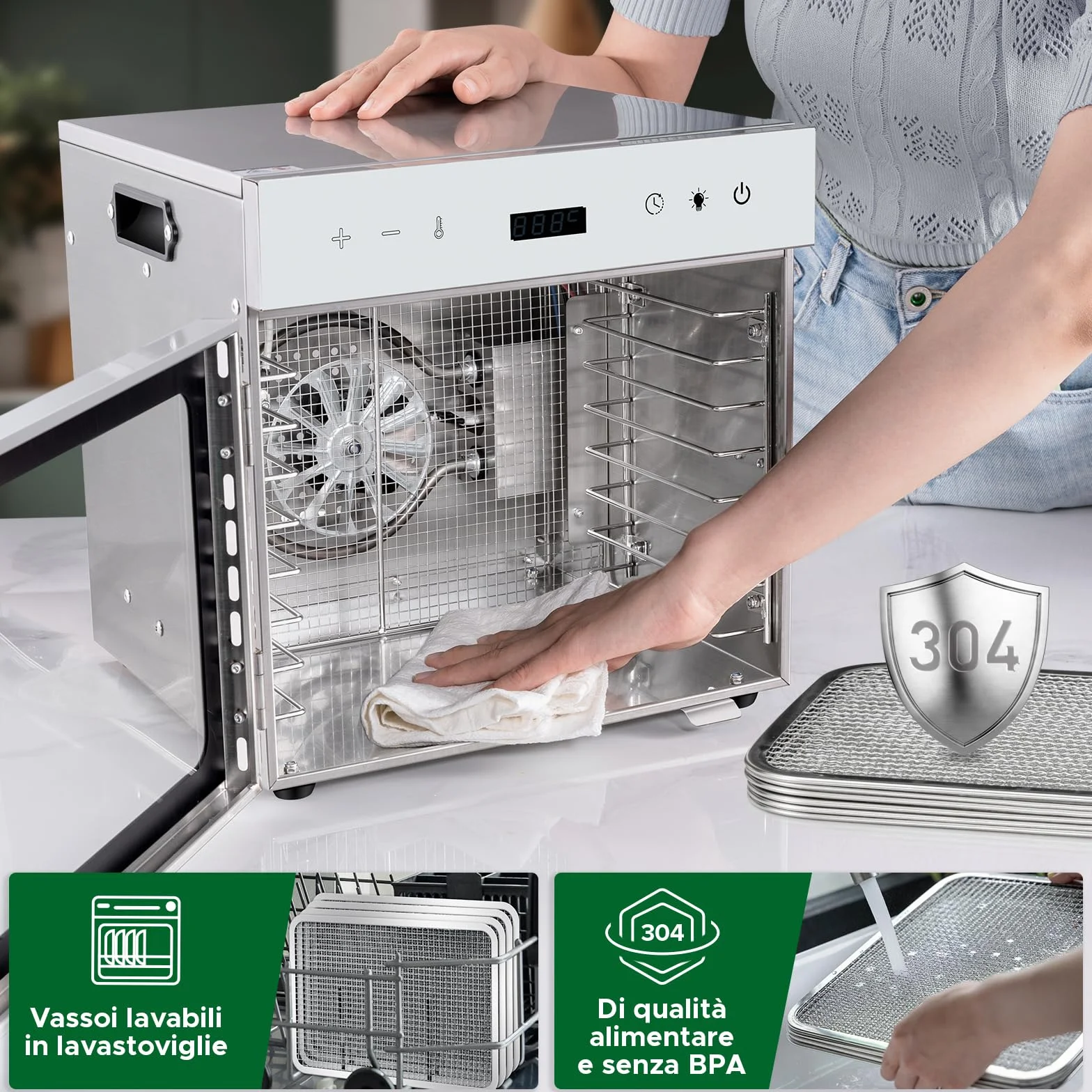 Kwasyo Essiccatore Alimentare Professionale in Acciaio Inox, 8 Vassi, 67 Ricette,di Temperatura da 30 a 90℃, Funzione Timer fino a 24 ore, Senza BPA, Disidratatore per Frutta, Carne, Verdure, Erbe