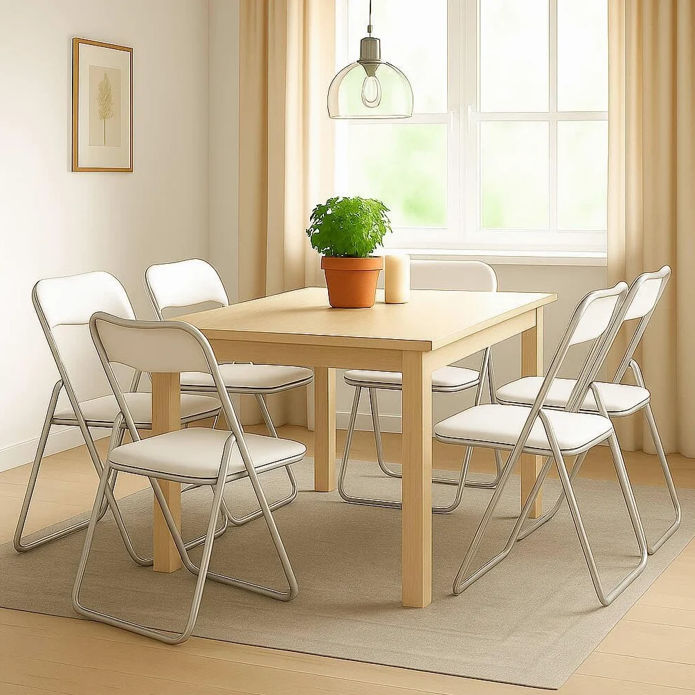 Dmora - Set di 6 sedie pieghevoli Marbella, Poltrona salvaspazio, Sedia per ospiti, Seduta per riunioni in simil ecopelle, 43x47h80 cm, Bianco