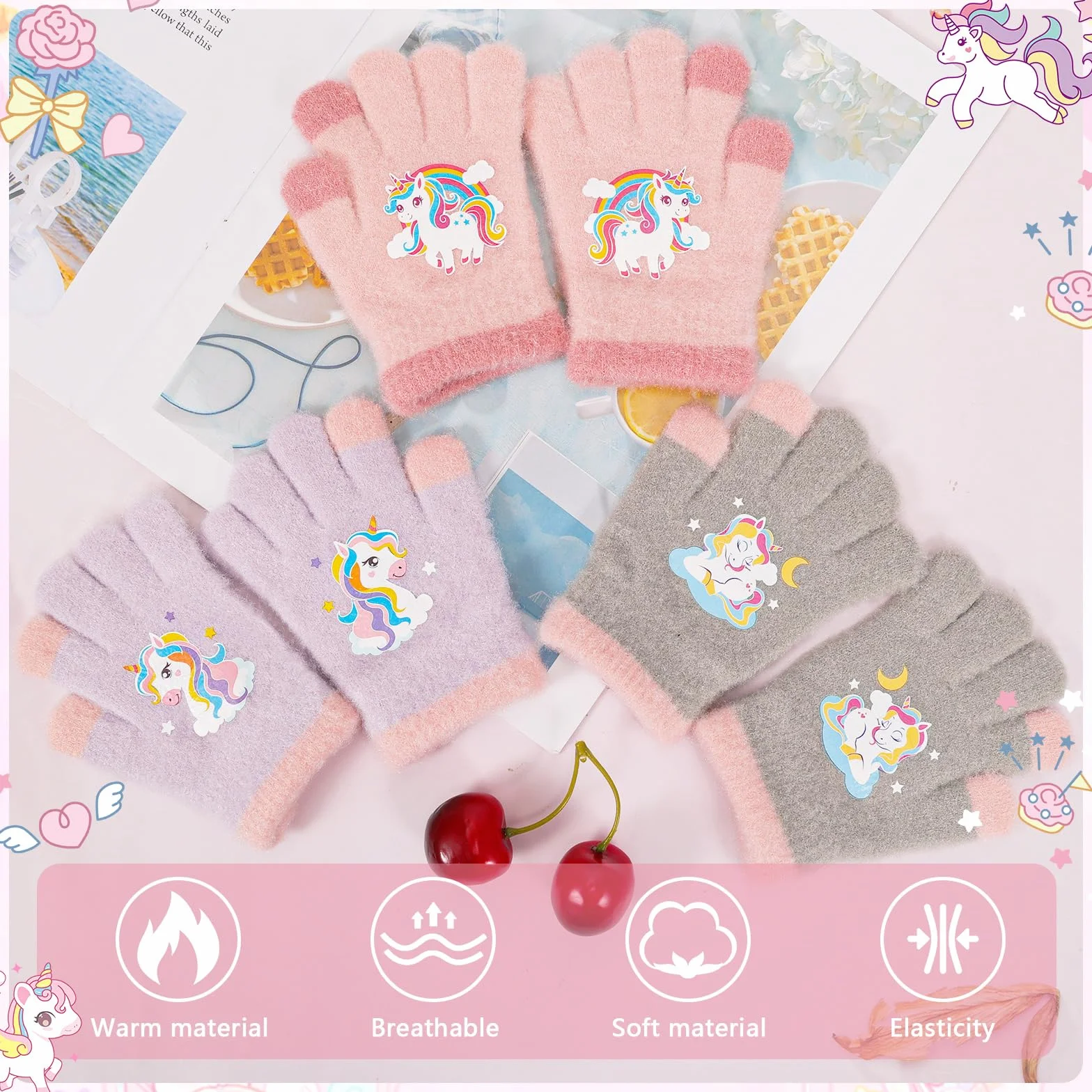 Guanti caldi in maglia per bambini, morbidi guanti termici elasticizzati invernali, muffole a dita intere con unicorno
