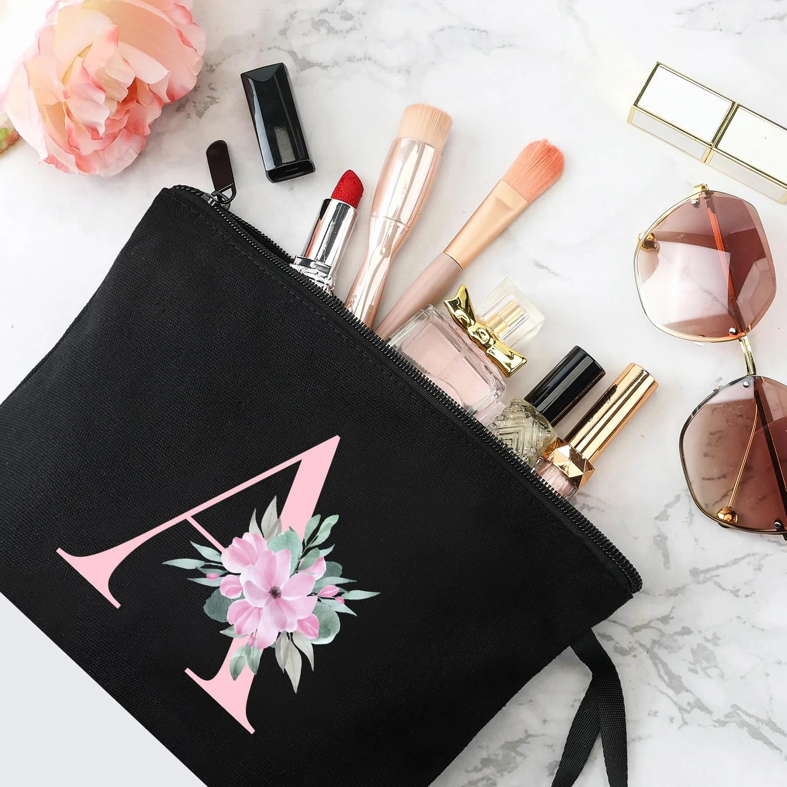 Vavabox Beauty case con iniziali personalizzate dalla A alla Z, regalo di compleanno per donne, regalo per sposa, damigella d'onore (A, 01-Nero)