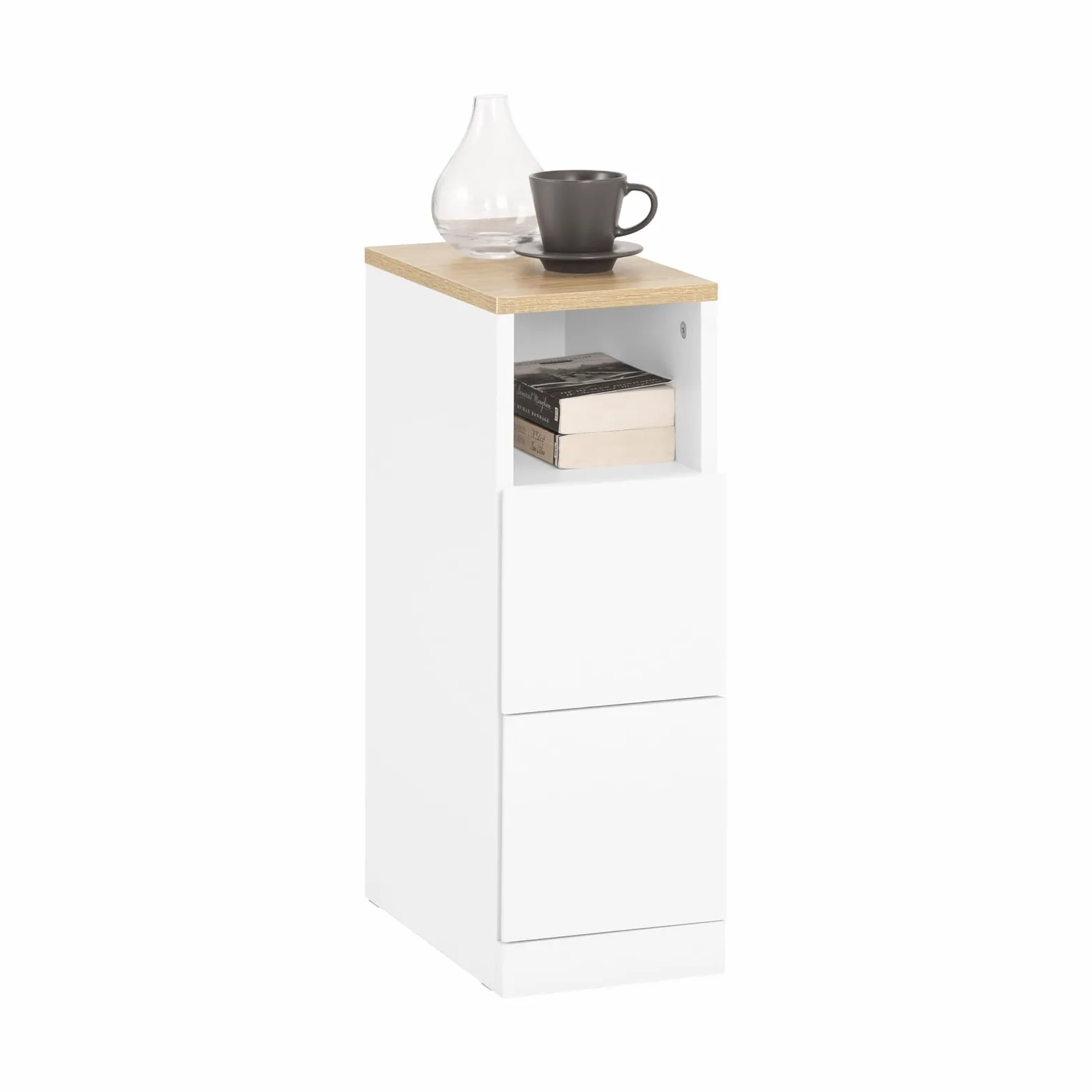 SoBuy comodino camera da letto stretto 20 cm, 2 cassetti tavolino da letto & tavolino salotto, salvaspazio per spazi stretti, ideale per inquilini e letto a molle, bianco, 20x35x60 cm, FBT149-WN