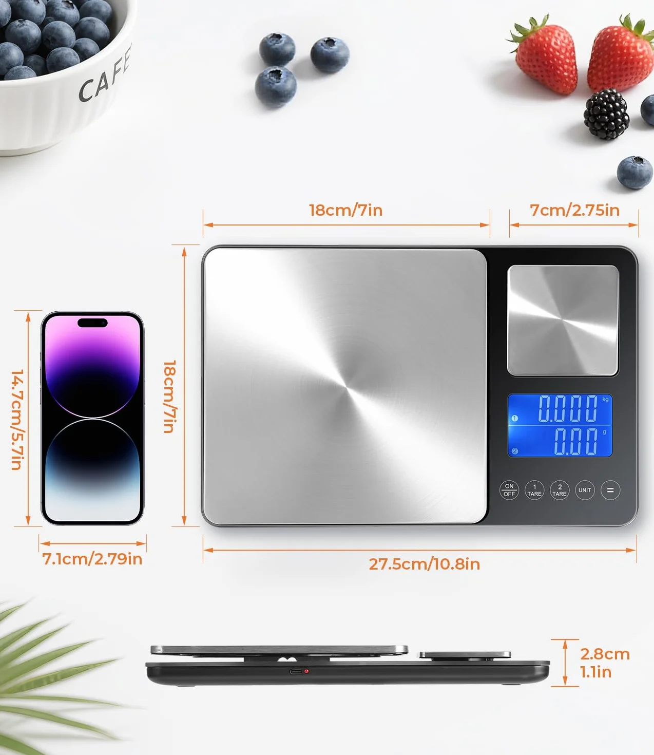 Bilancia da Cucina Digitale con Doppia Piattaforma (10kg/1g & 500g/0.01g), USB Ricaricabile & a Batterie, Acciaio Inox, Display LCD, 7 Unità, ideale per Cucina & Pasticceria