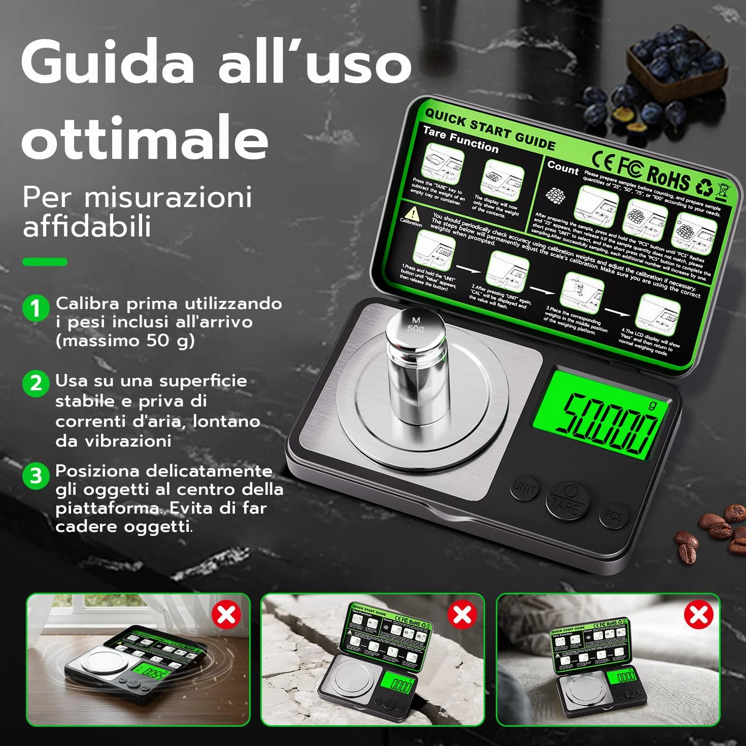 Wigearss 50g/0.001g Bilancia Milligrammi Alta Precisione, Bilancia Tascabile Digitale con Peso di Calibrazione, Pinzette, Vassoio e Misurino