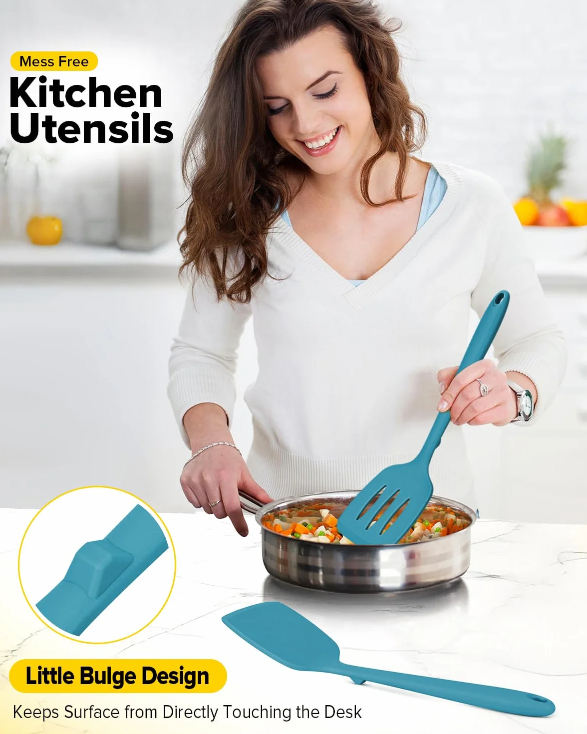 Pacchetto di 2 spatole in silicone, set di spatole da cucina senza BPA, resistente al calore, design completo in silicone, adatto per pesce flettente, uova, bistecca, frittelle (blu)