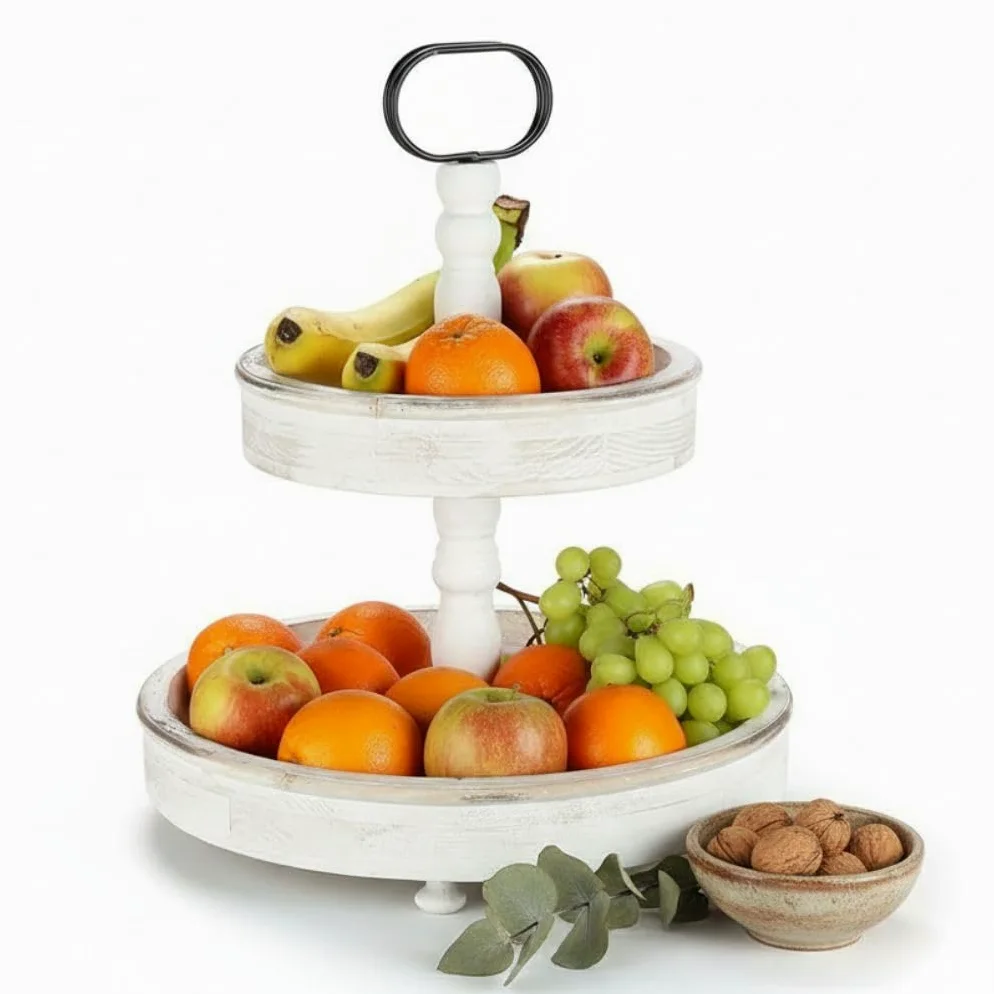 Melko Alzata per frutta a 2 ripiani, 37 x 45 cm, vintage, bianco | Per torte, dolci, frutta e finger food, veloce da montare e smontabile, per brunch, tavolo da caffè e feste
