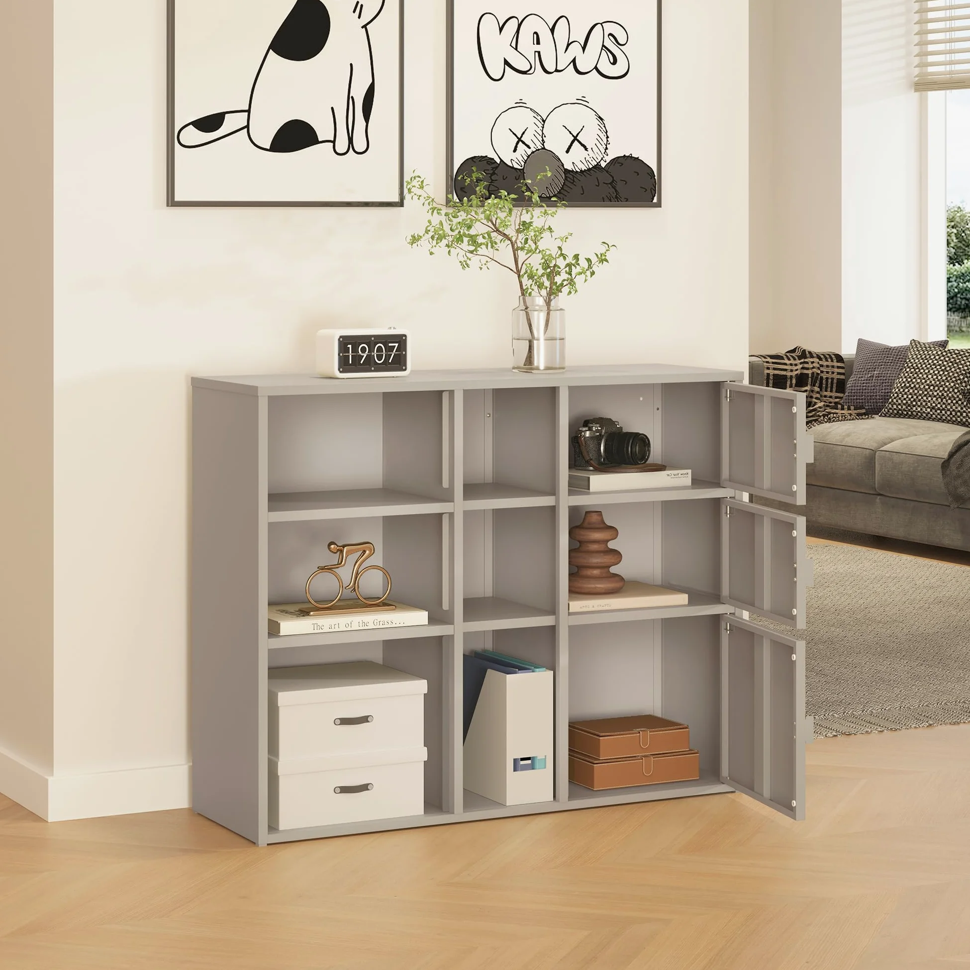 [en.casa] Mobile Contenitore da Ufficio in Acciaio Armadio Portadocumenti con 6 Vani Aperti e 3 Scomparti Chiusi da Ante Scaffale Archivio per Studio Ingresso 100 x 32 x 81 cm - Color Cammello