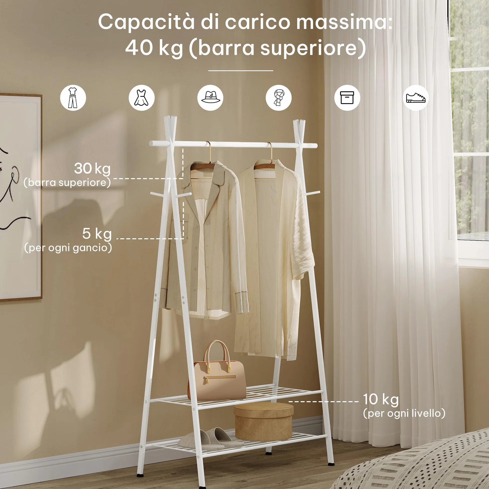 Stand Appendiabiti Moderno con Ganci e 2 Ripiani in Metallo, Bianco