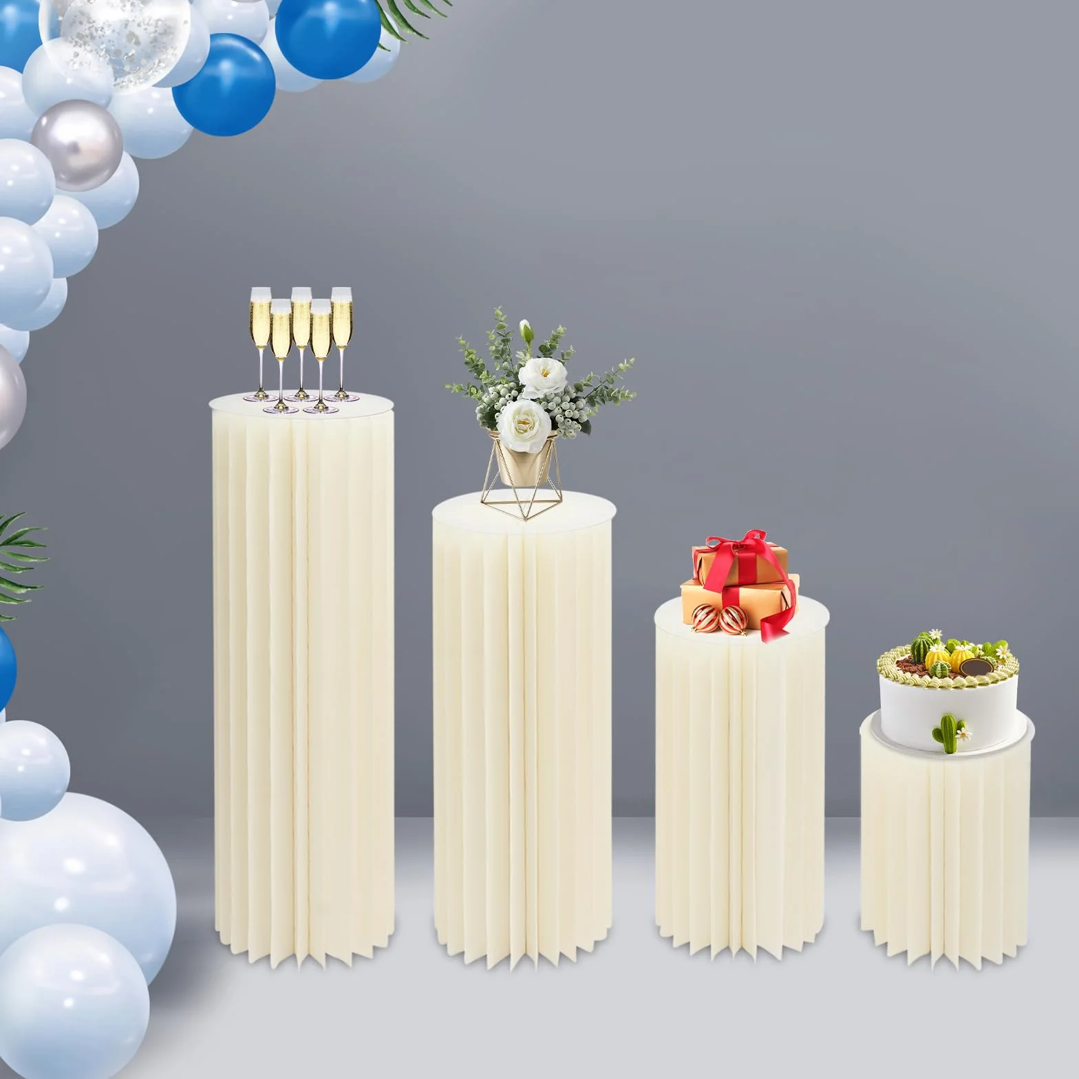 Supporto cilindrico pieghevole a colonna di carta, base espositiva per feste, 4 tavolini cilindrici, tavolo cilindrico a colonna romana in cartone, supporto per torte per matrimoni