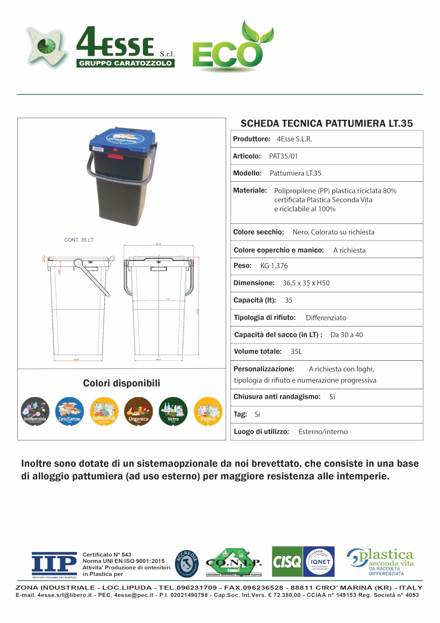 Generico Pattumiera LT 35 secchio per differenziata, secchio per la raccolta differenziata porta a porta. (MARRONE)