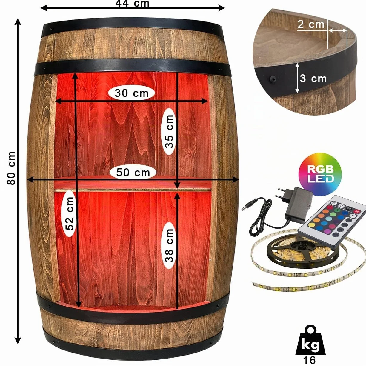 weeco Mobiletto bar a barile in legno con illuminazione a LED RGB, Minibar a forma di botte. Armadietto con ripianoper vini whisky - botte tavolo.Un uomini, Botte per Vino (wengé)