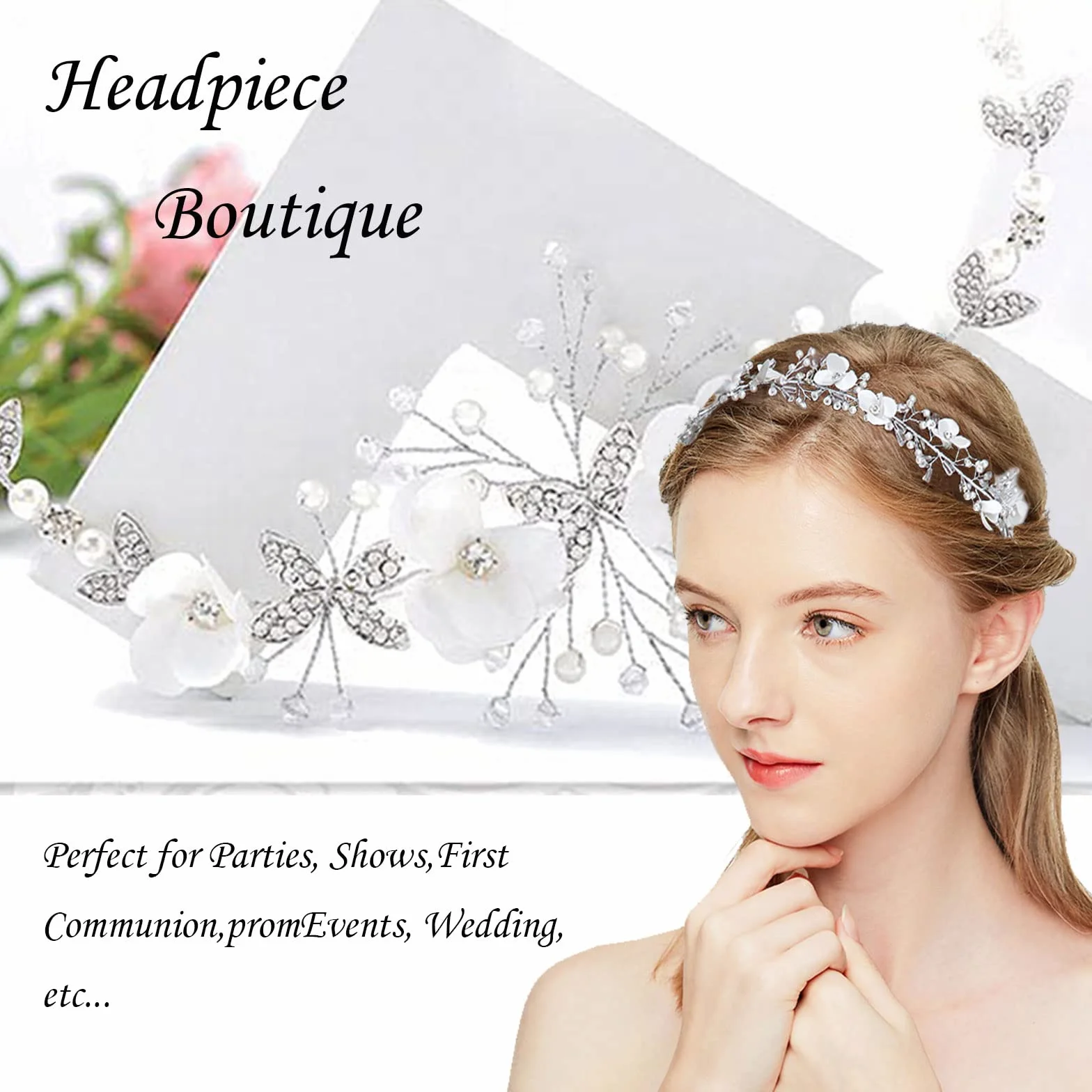 VIKSAUN Coroncina da principessa in cristallo Fascia per capelli da fiore bianco Accessori per capelli con perle di strass
