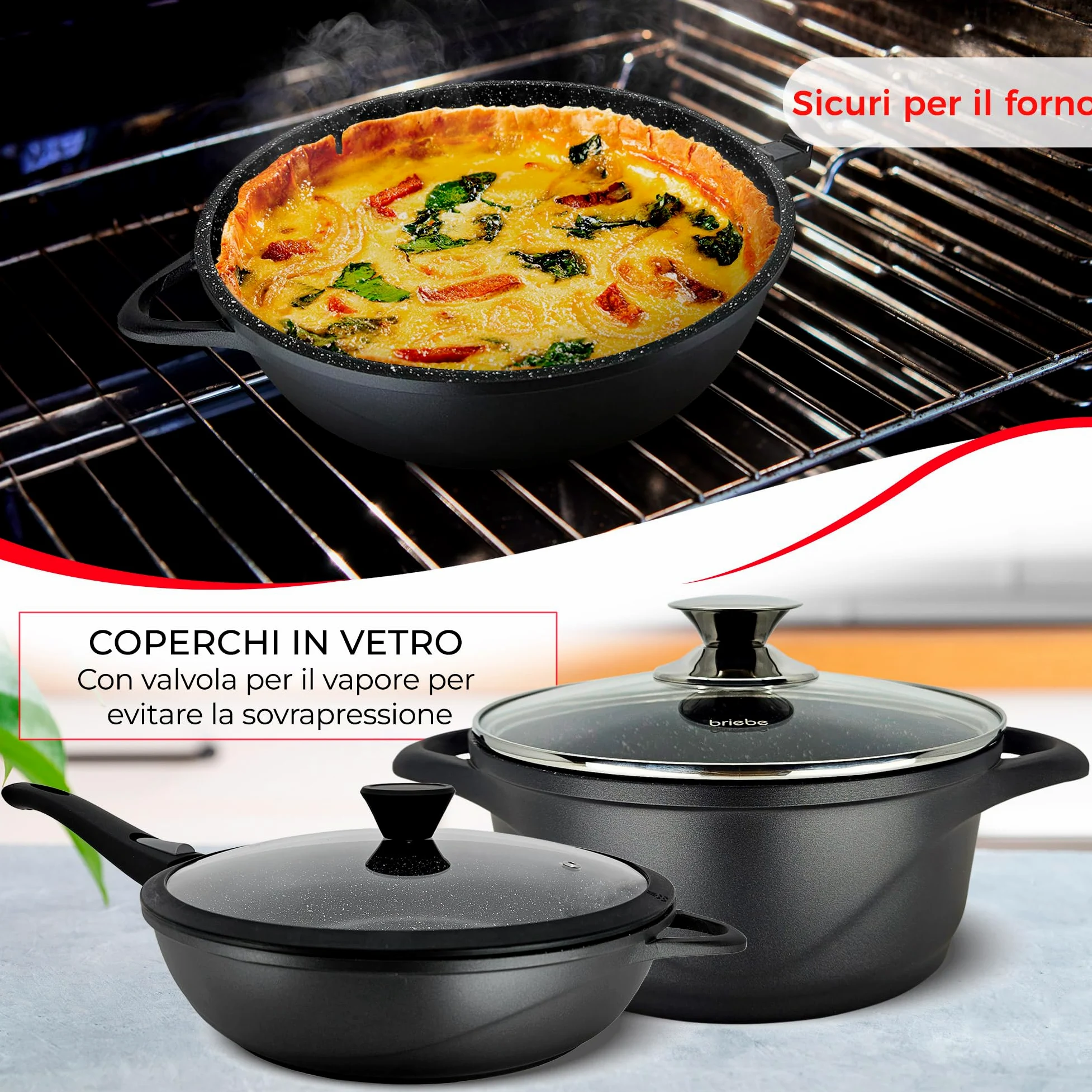 briebe Batteria da Cucina Induzione 12 Pezzi, set di 4 Pentole in Alluminio Fuso + 2 Padelle, Antiaderente ILAG GRANITEC senza PFOA, Coperchi in Vetro, Guanti in Silicone, Vetroceramica, Gas, Forno