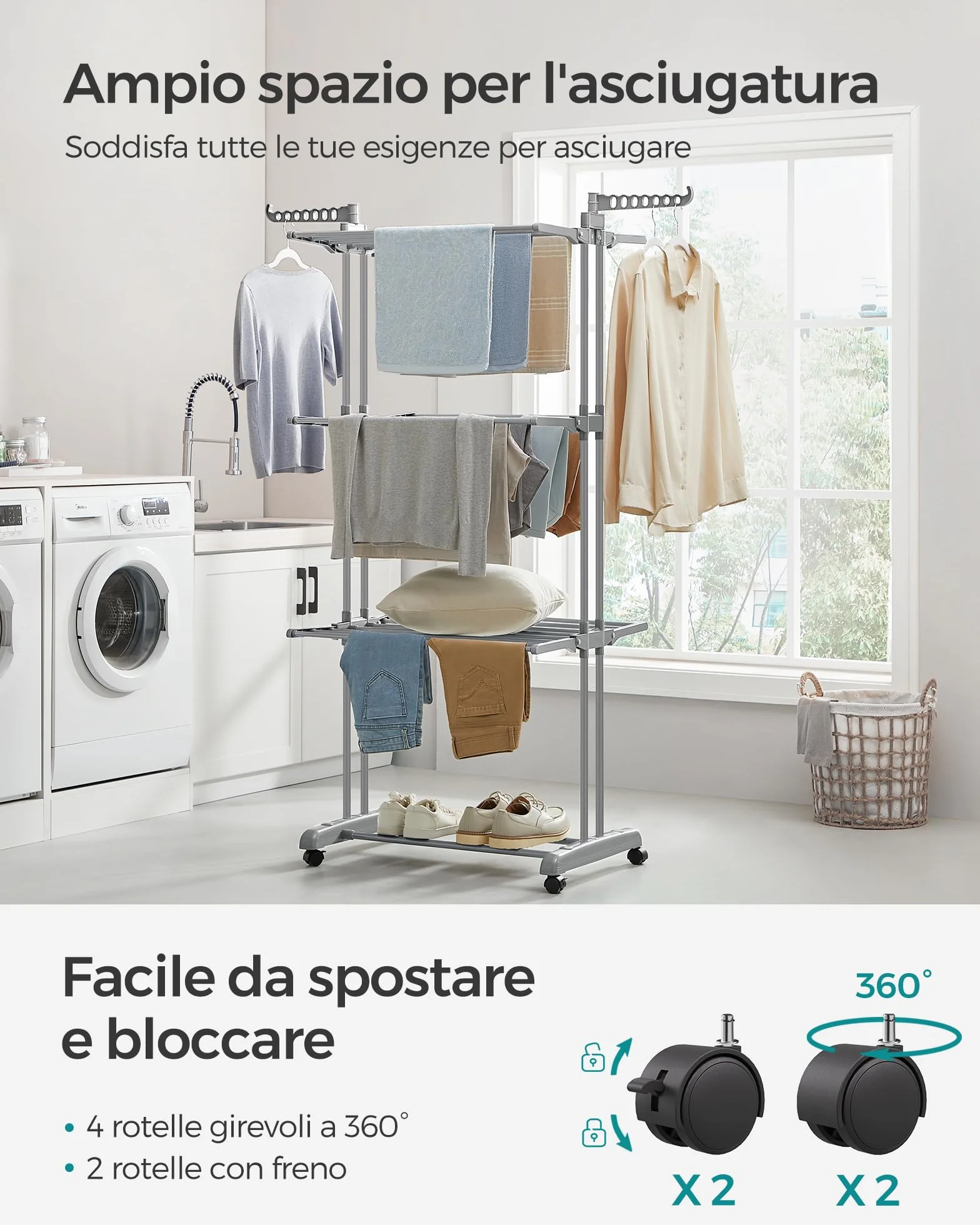 SONGMICS Stendibiancheria Pieghevole 4 Livelli con Ruote 63,5x128x173 cm Grigio LLR701G01