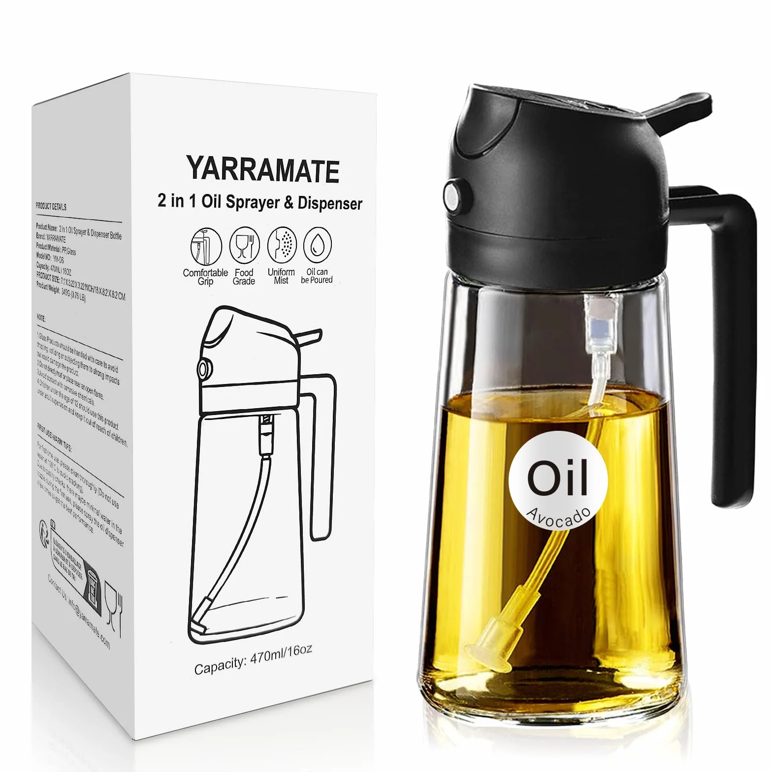 YARRAMATE Spruzzatore di olio da cucina 2 in 1, bottiglia di vetro 470 ml per friggitrice ad aria e barbecue
