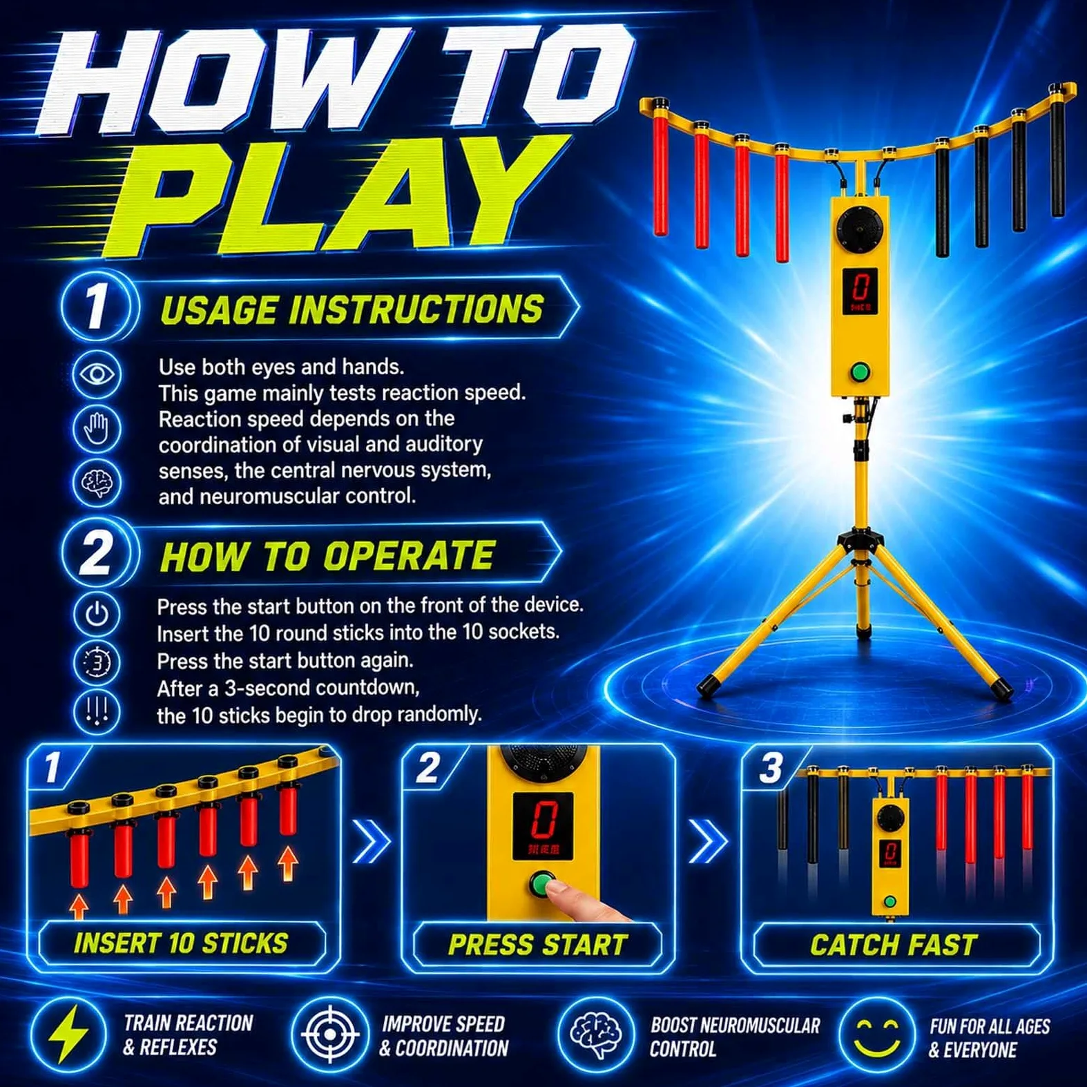 Arcade Reflex Challenge Game - Formazione di coordinazione occhio-mano con 10 bastoncini, luci LED e musica per feste, riunioni di famiglia ed eventi di squadra